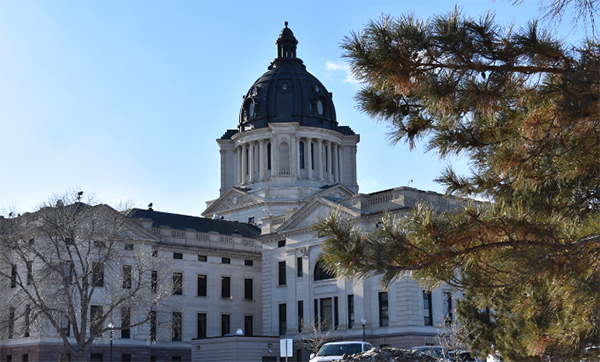 View of the South Dakota Capitol building and dome with a tree in the foreground.