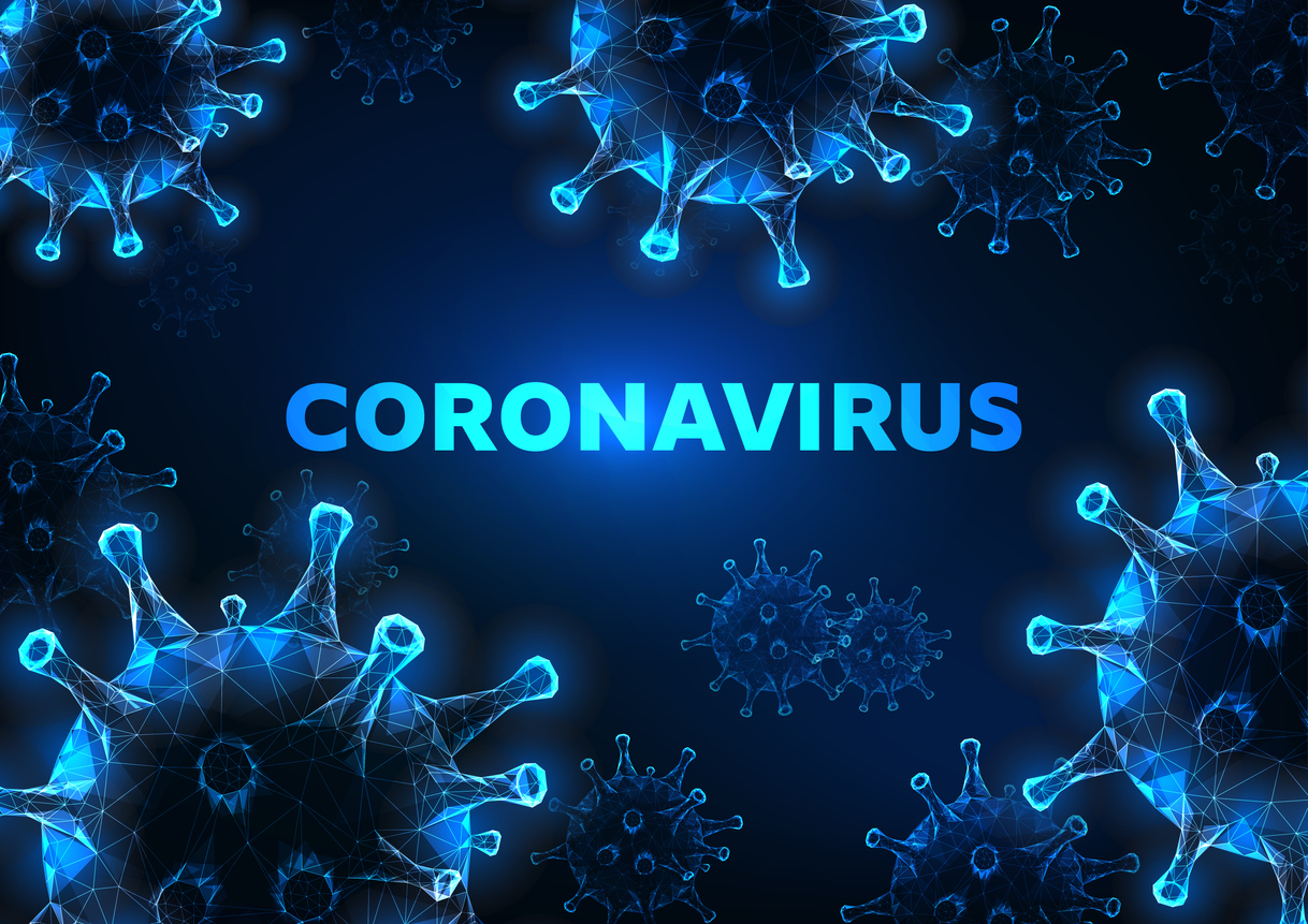 Futuristic glowing low polygonal coronavirus cells banner on dark blue background.