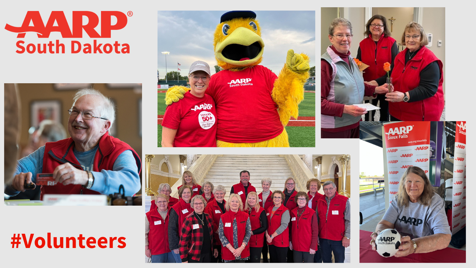 A collage of five pictures showing men and women who volunteer for AARP South Dakota.