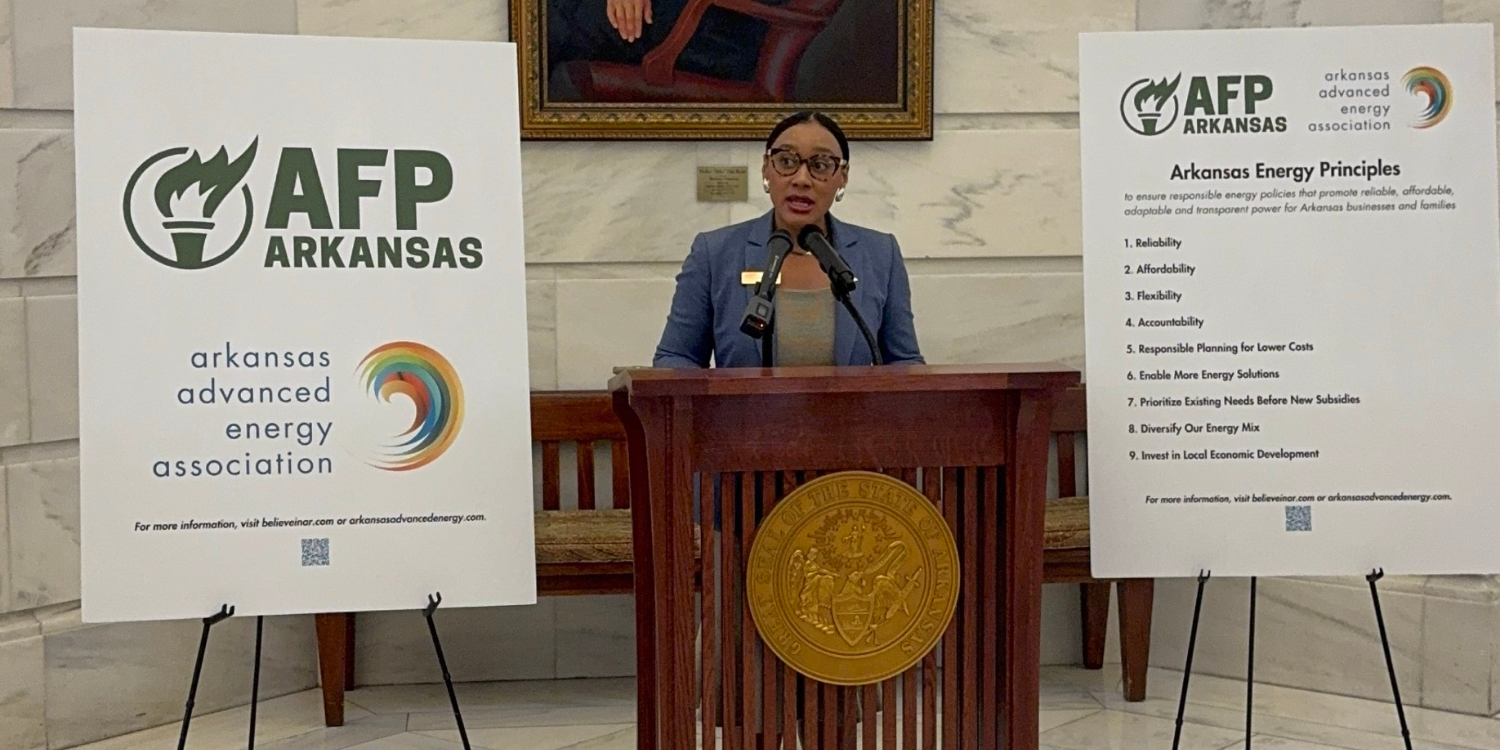 State Director Ashley McBride speaks at a press conference at the Arkansas State Capitol.