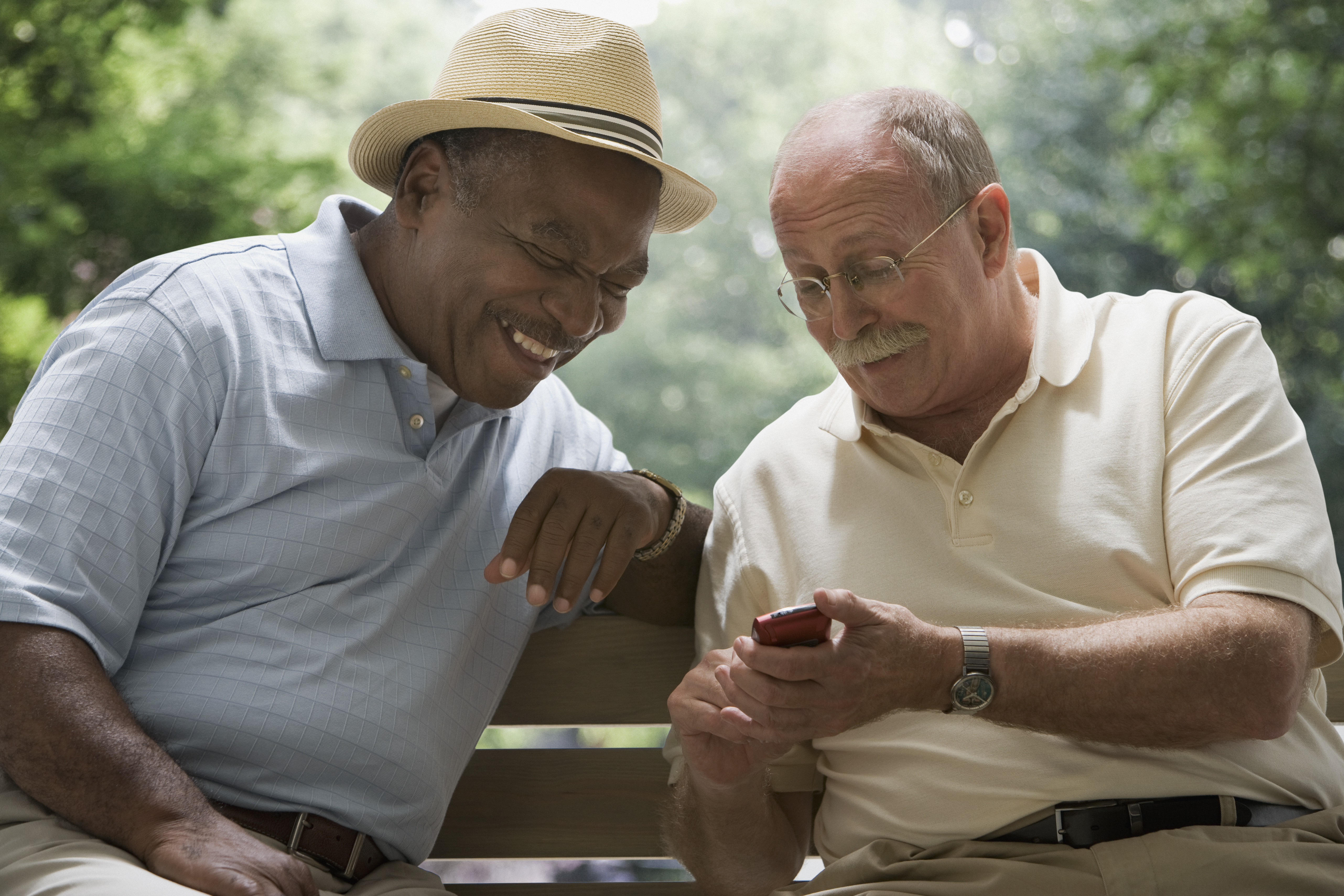 Men looking at cell phone on park bench