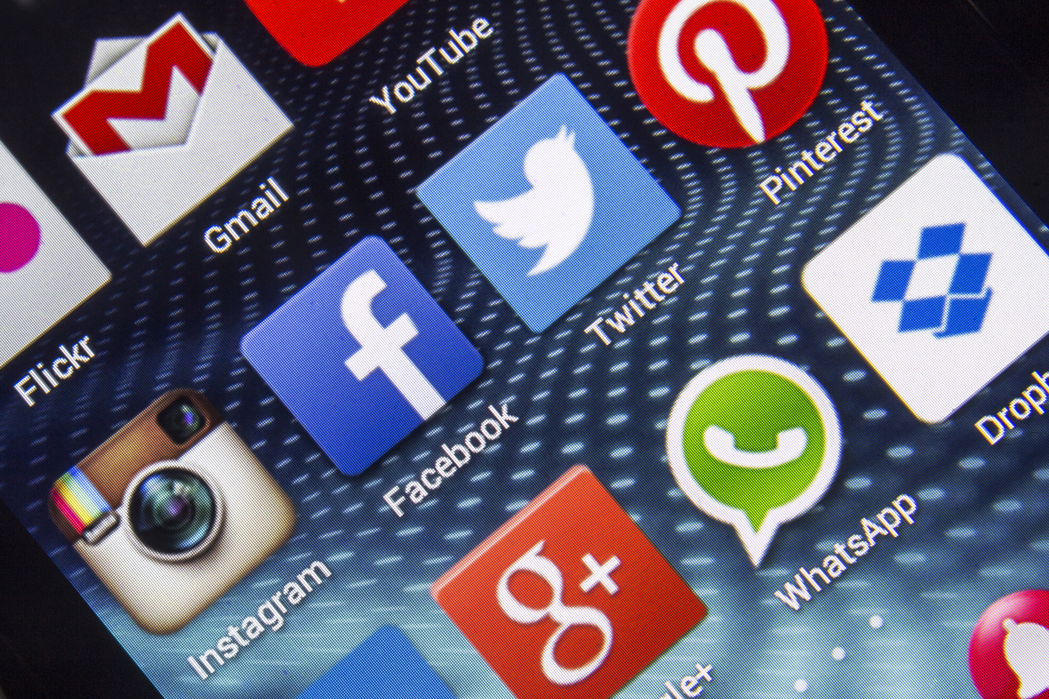 Social media icons on smartphone screen
