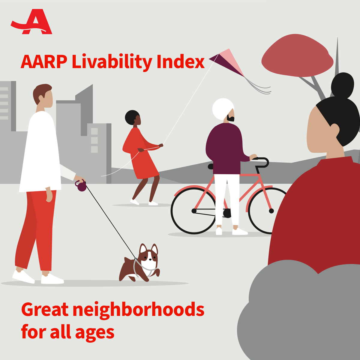 Black, white and red illustration of people walking in a neighborhood, walking a dog and riding a bike.
