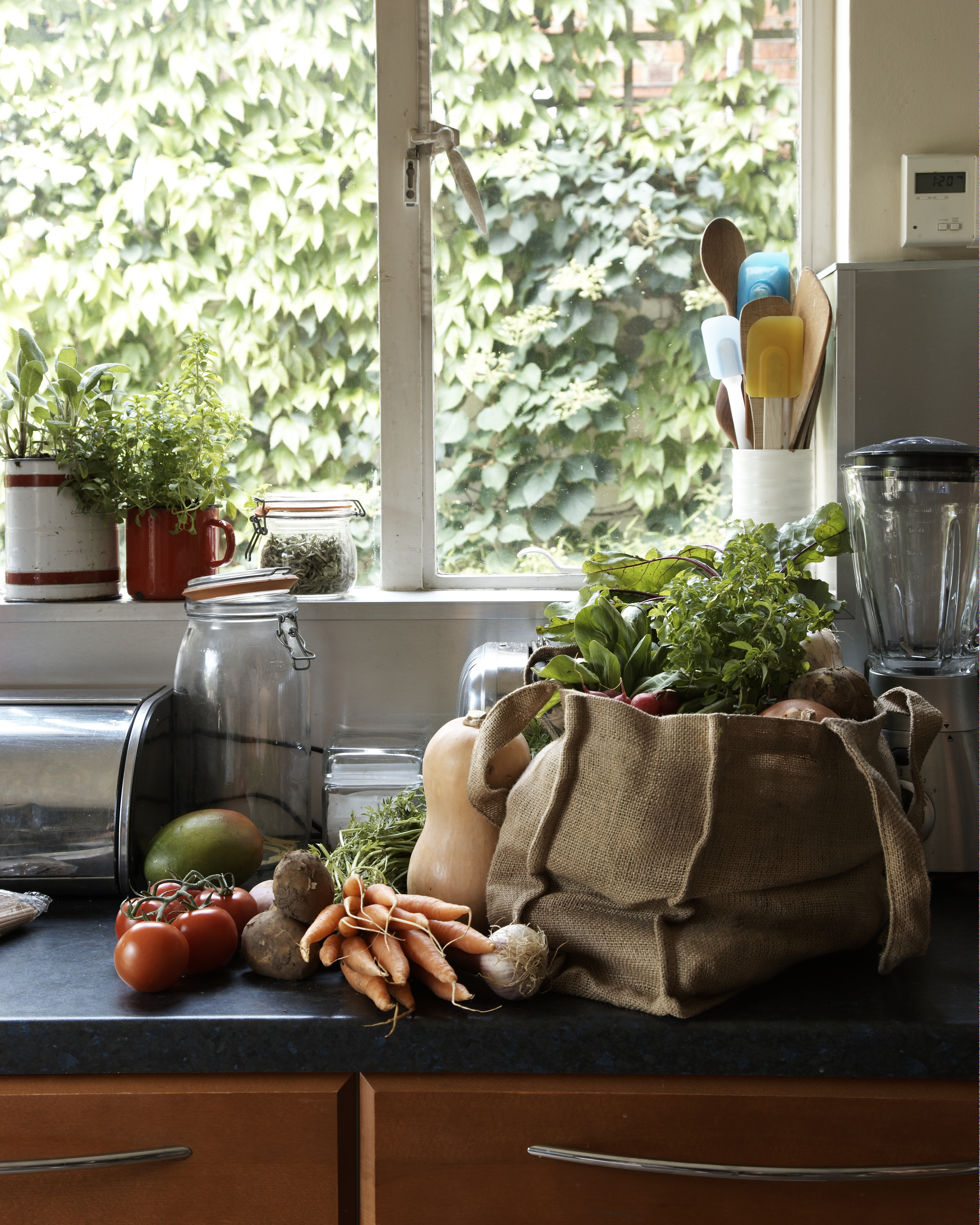 fresh vegetables in canvas bag on kitchen counter