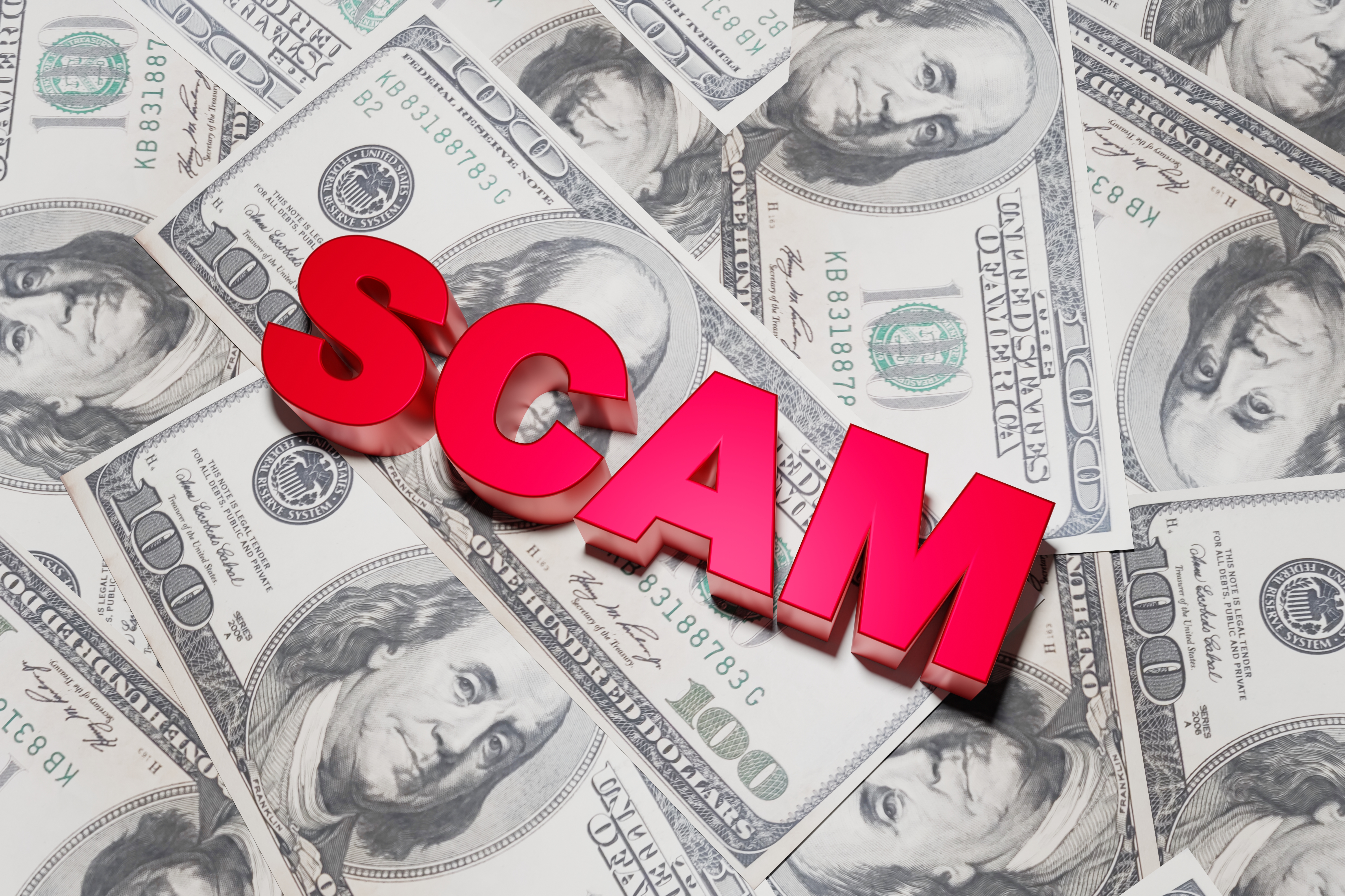 SCAM text with US dollars background,3D render