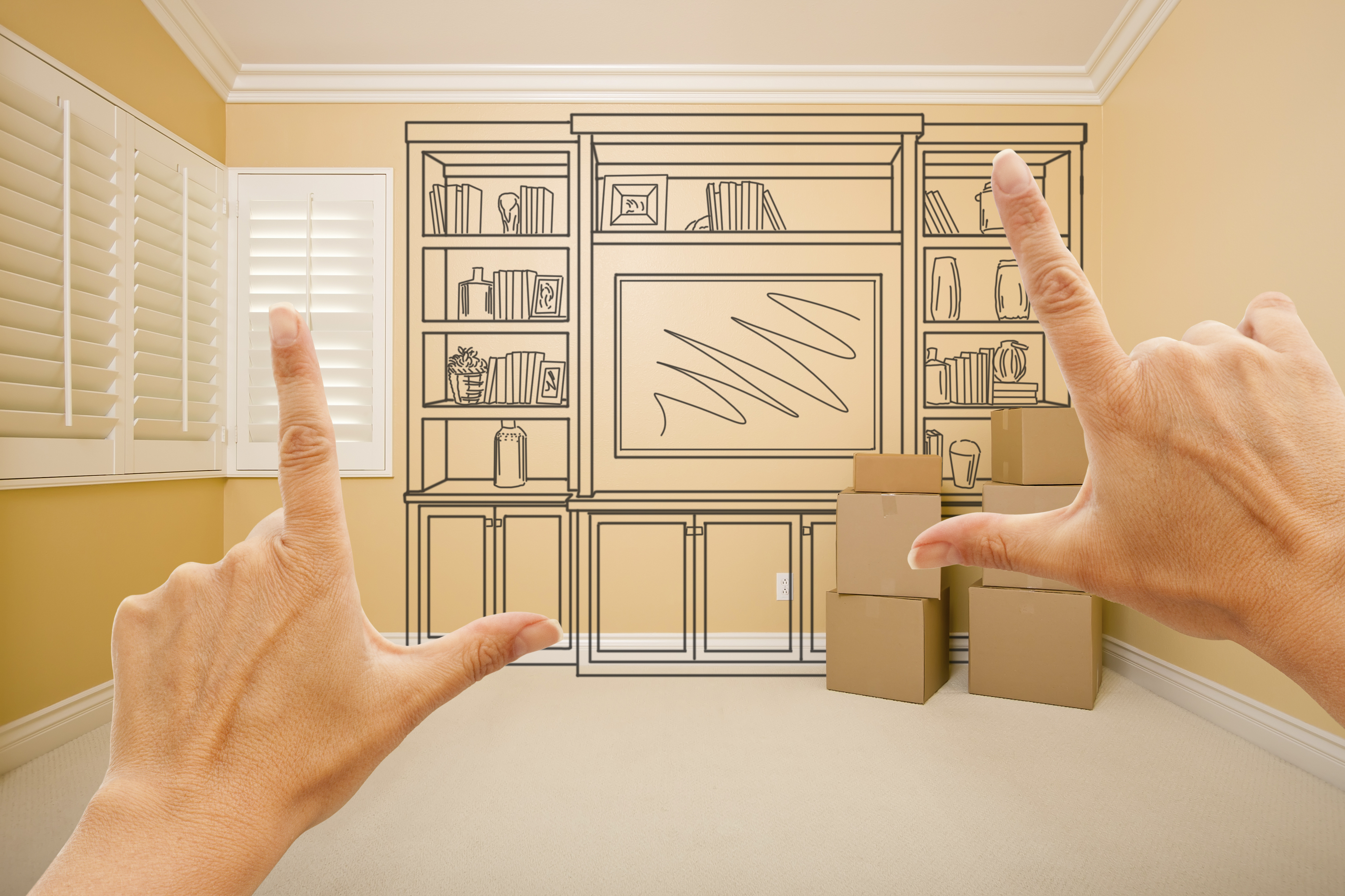 Framing Hands of Shelf Design Drawing on Wall In Empty Room.