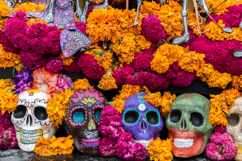 Aztec Marigold flowers - or cempasúchil - and skulls in Day of the Dead celebrations altar decorations - Mexico City, Mexico