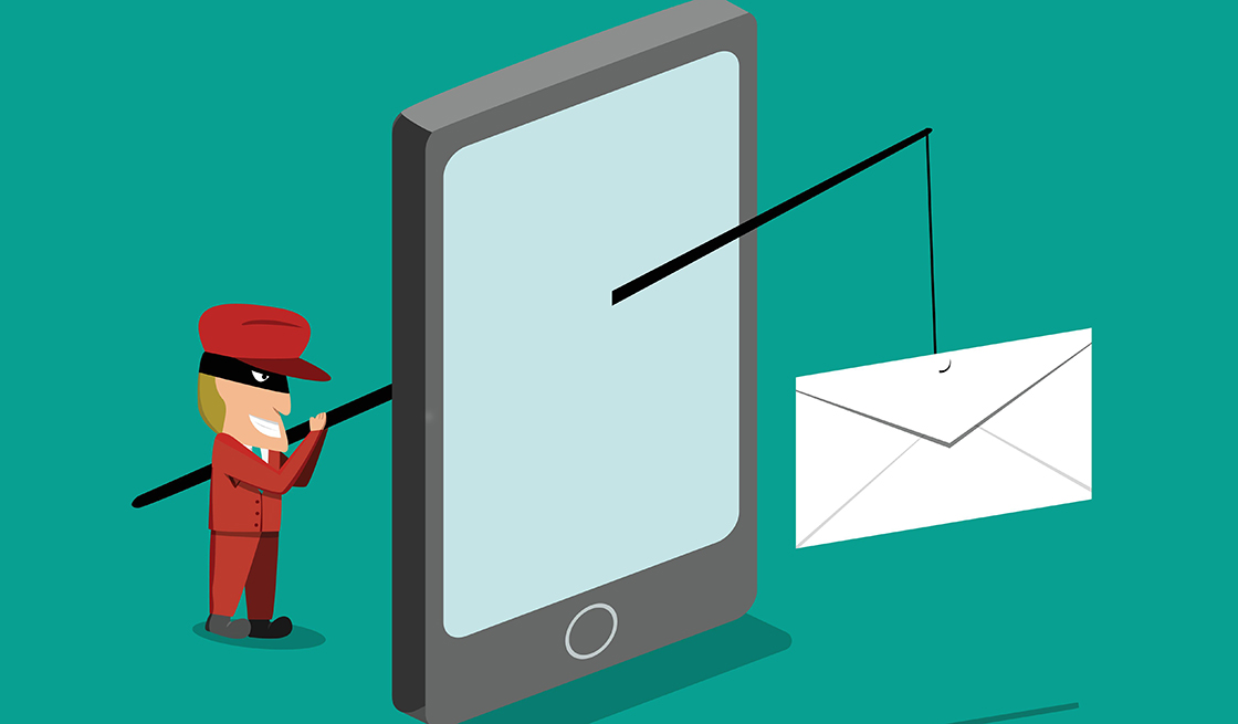 Scammer send phishing mail by mobile phone, vector design