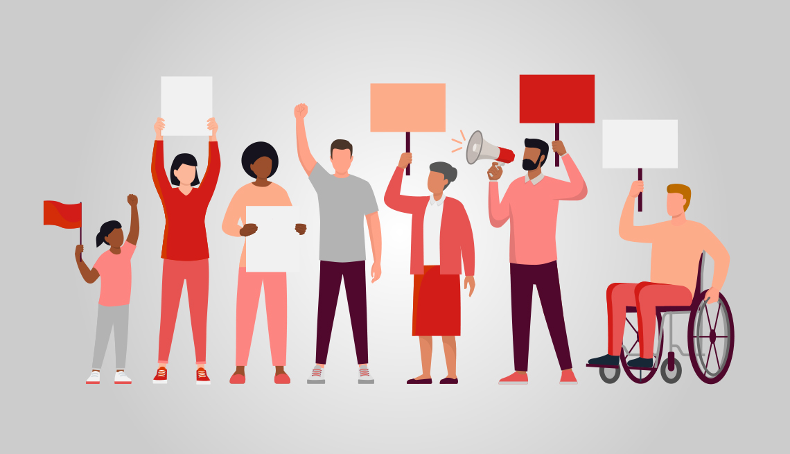 Illustration of a group of people of all ages and abilities holding signs and megaphones advocating for an important issue.