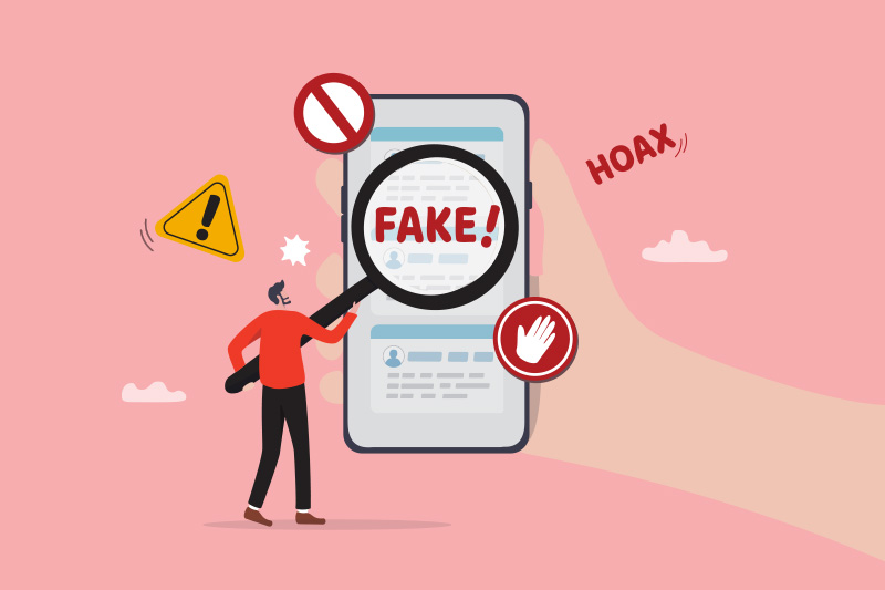 illustration of a person holding a magnifying glass up to a phone that says "fake" on a social media page.
