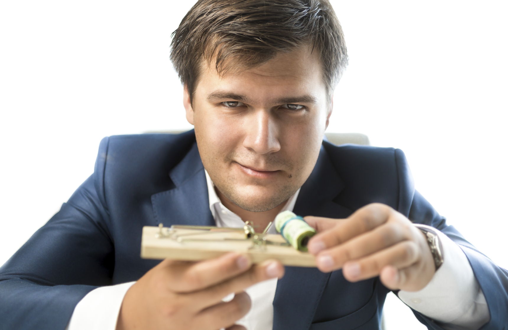 banker offering risky investment. Man holding mousetrap with mon