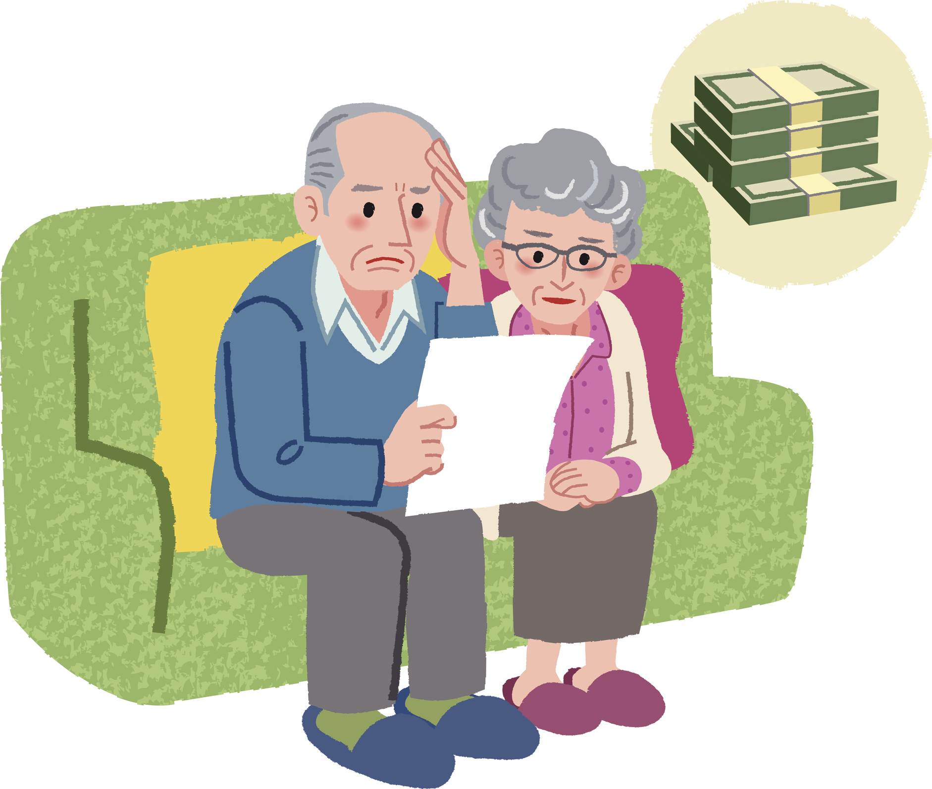 Aged couple sitting on the sofa and checking bills