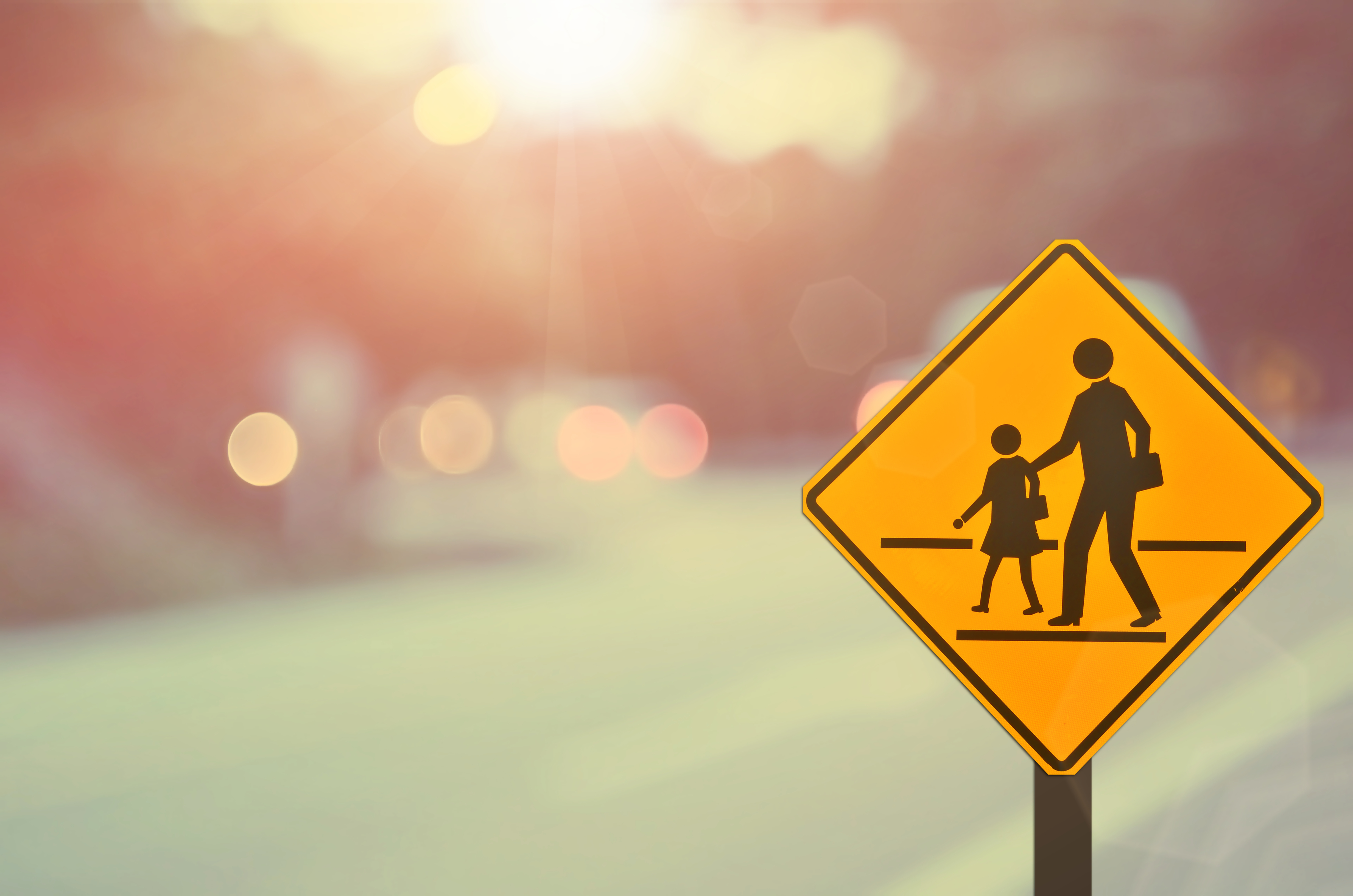 School sign.Traffic sign road on blur road abstract background.