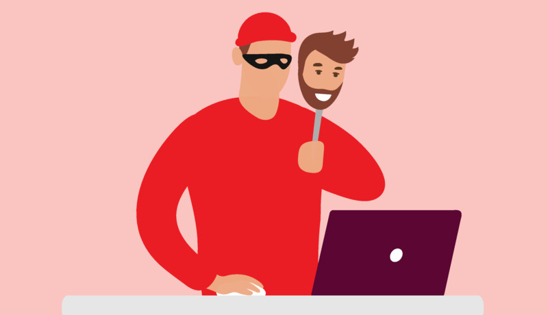 Illustration of a scam artist with a black eye mask looking at a computer and holding up a mask of a celebrity face to pretend to be that celebrity.