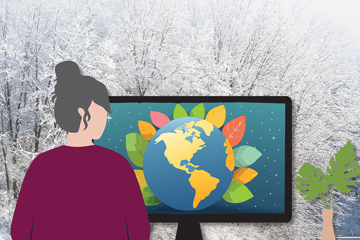 Illustration of woman watching a screen with a picture a globe. 