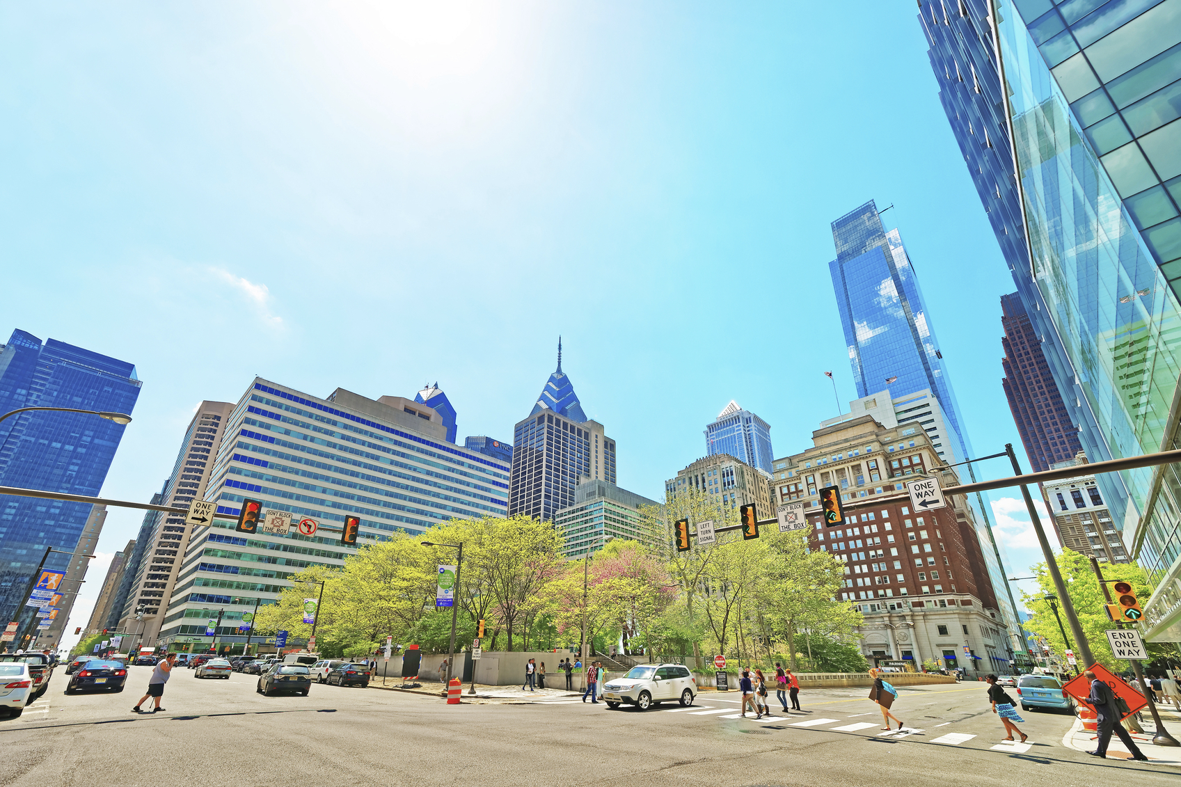 JFK boulevard and Penn Center with skyline of skyscrapers