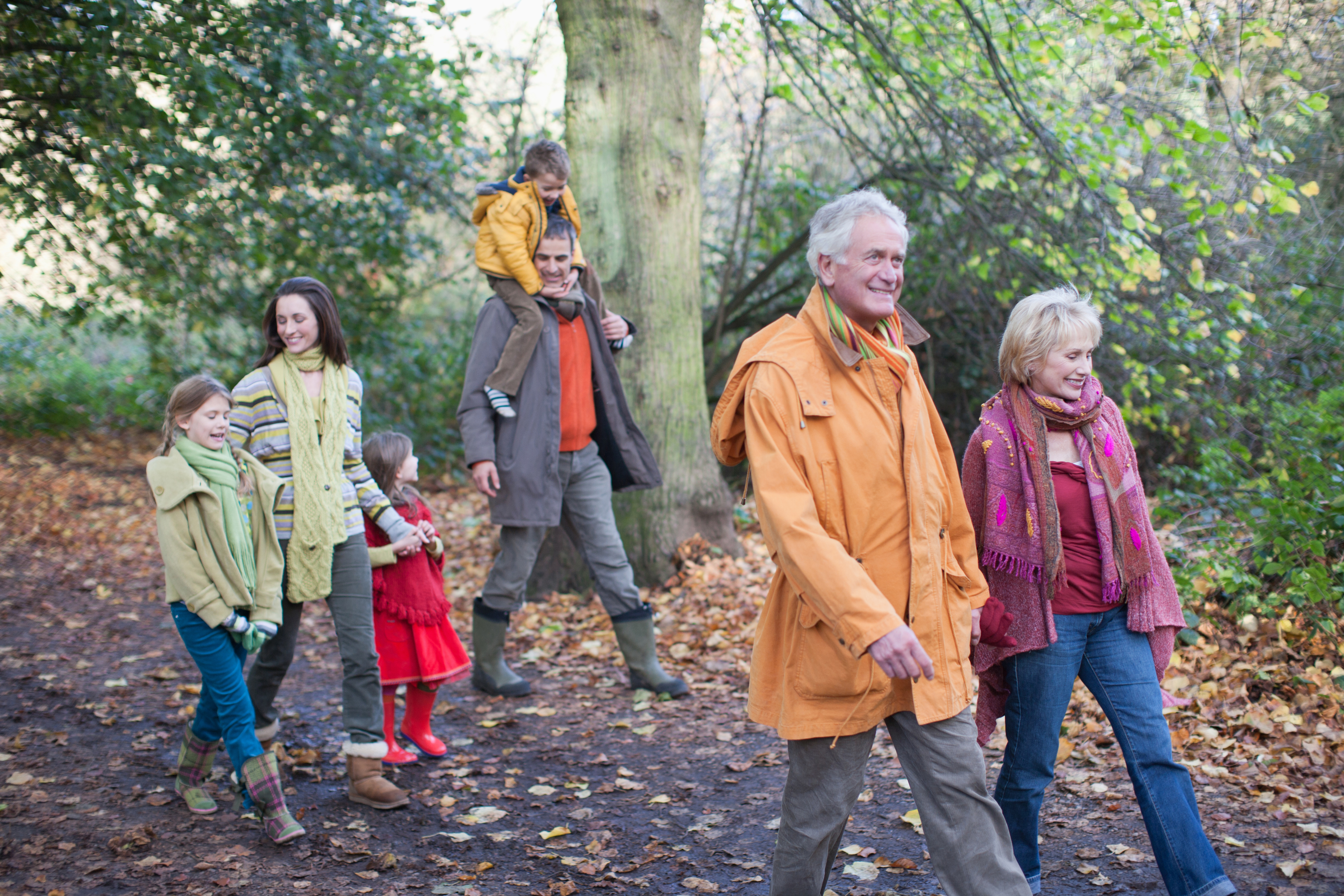 Extended family walking outdoors in autumn