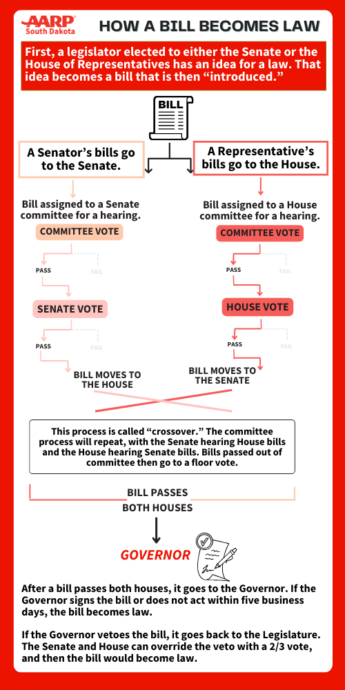 Infographic with text and arrows showing how a bill becomes law