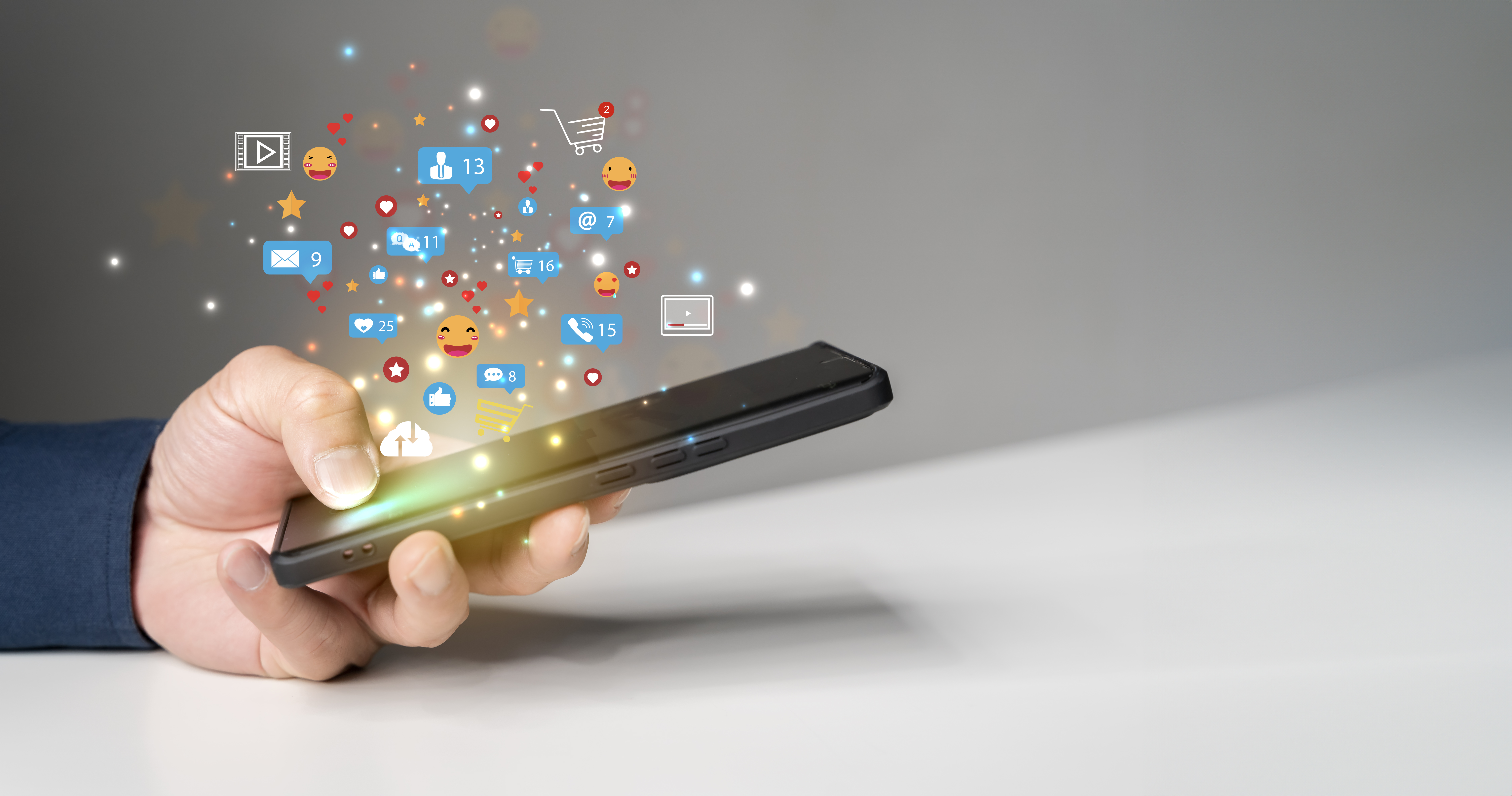 Business ecommerce concept. Person use smartphone with online shopping cart icon on virtual screen.