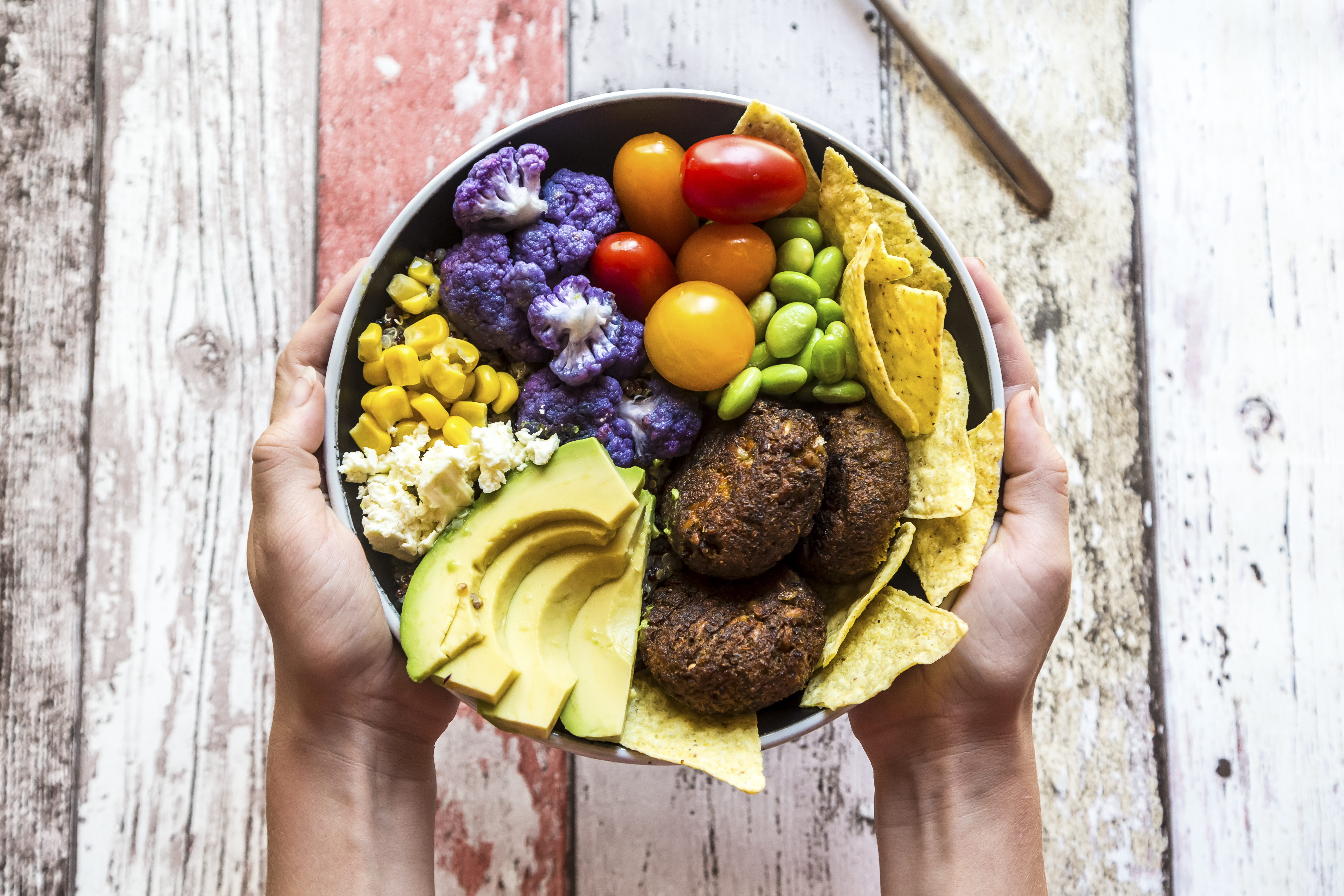 Girl's hands holding Quinoa veggie bowl of vegetables, feta, nachos and quinoa fritters