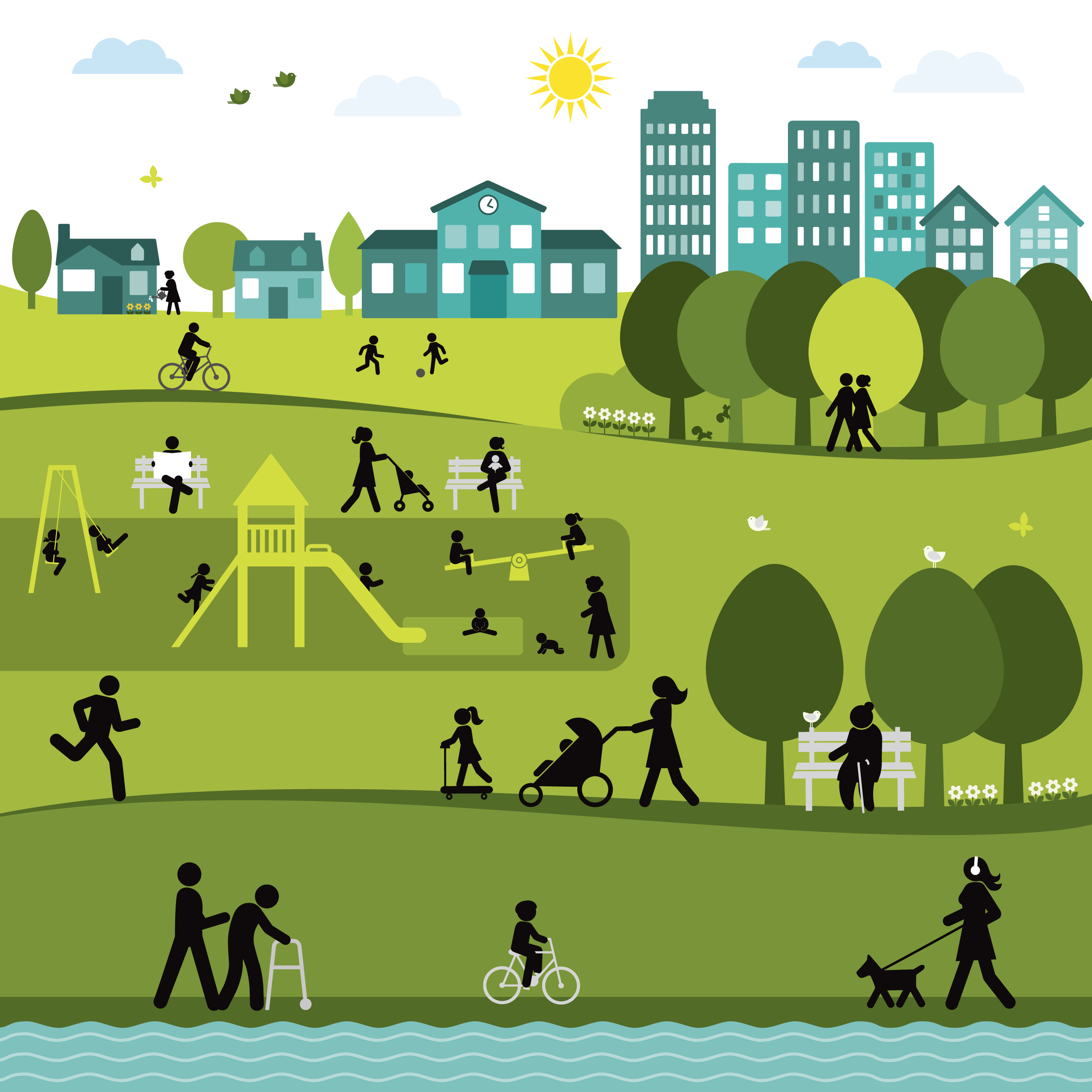 Illustration of a community with green park spaces, blue building and houses and black silhouettes of people.