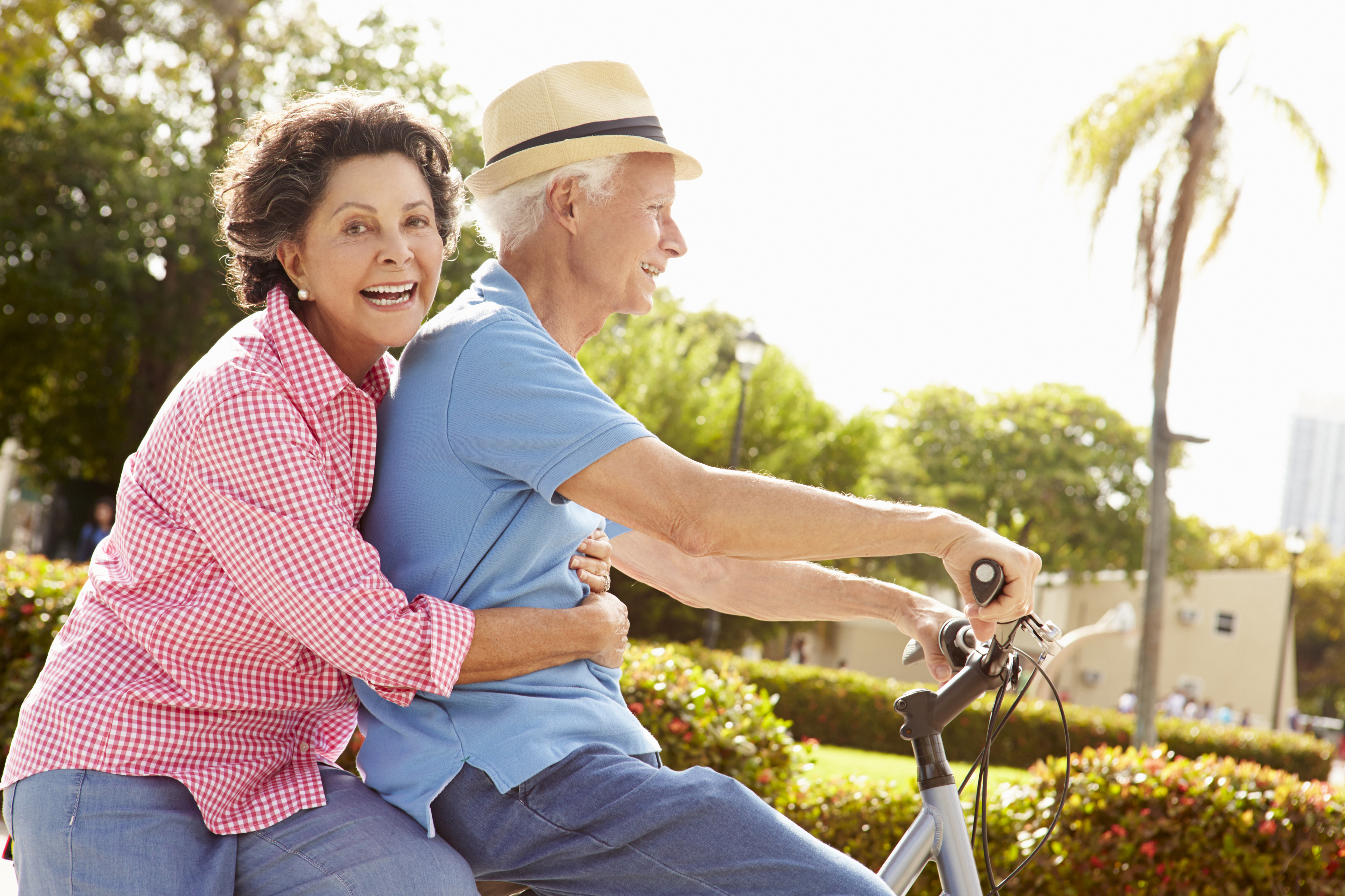 Senior Couple Riding Bikes In Park