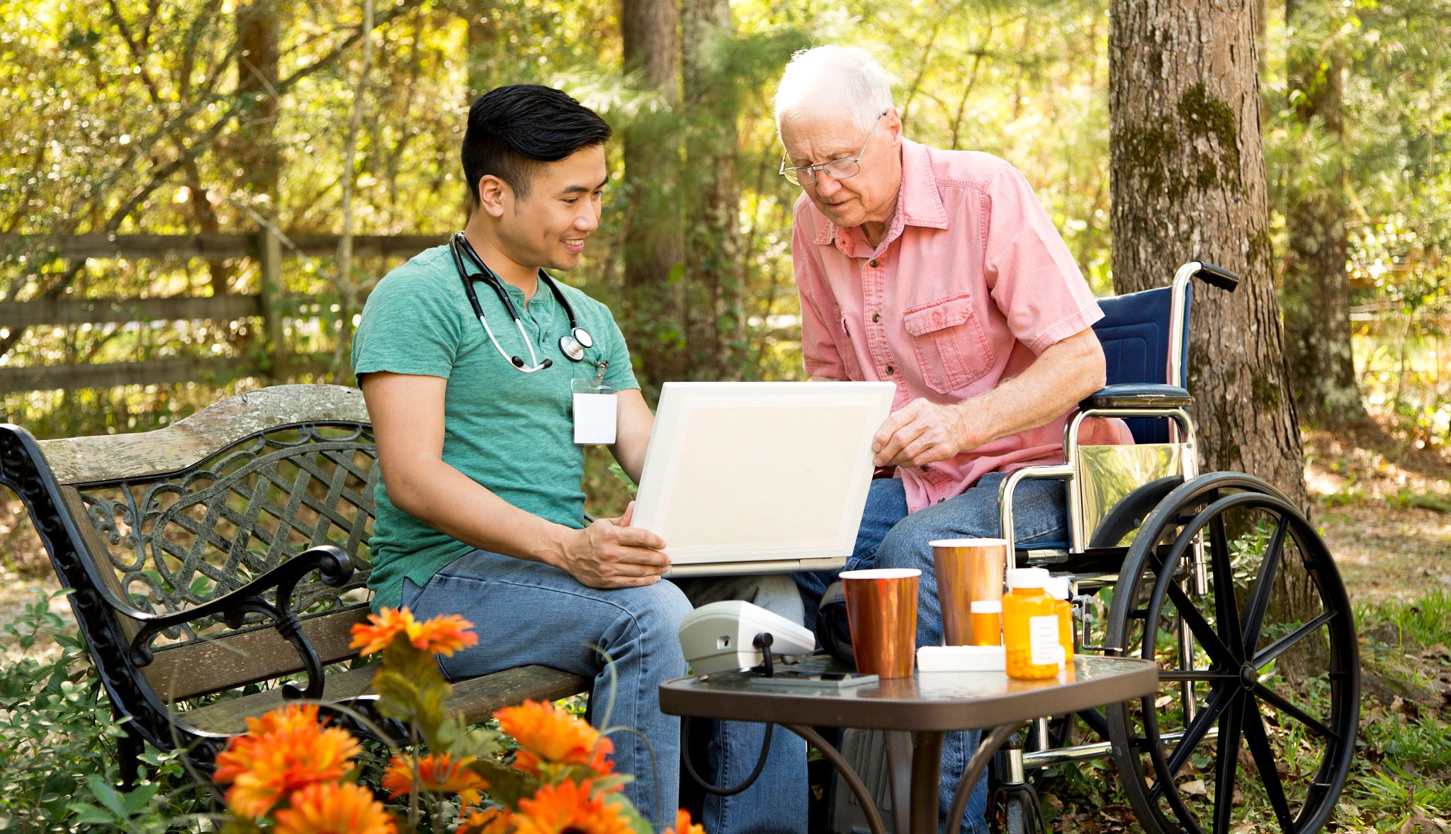 Elderly man sitting on bed looking serious