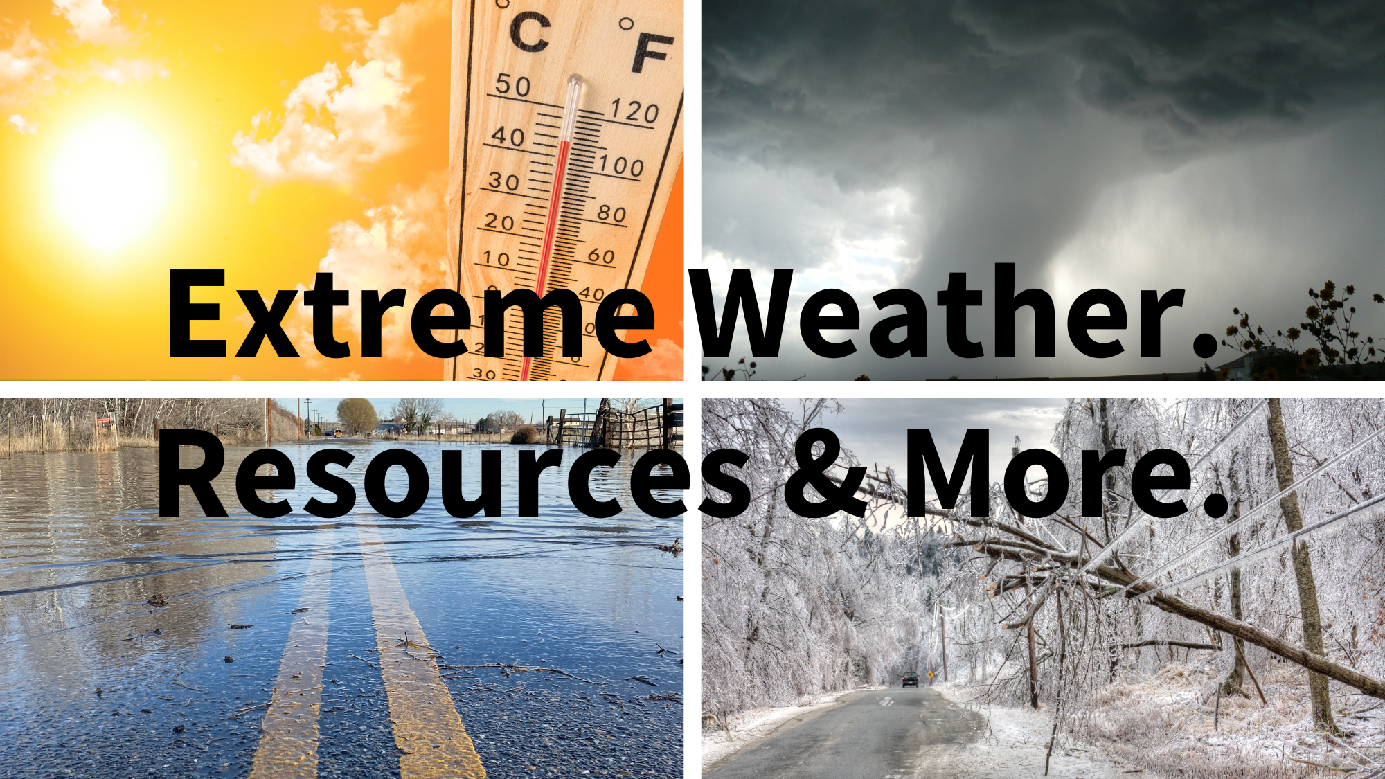 Grid with images from extreme heat, tornado, flooding, and snow/ice storm. Text over: Extreme Weather Resources and More. 