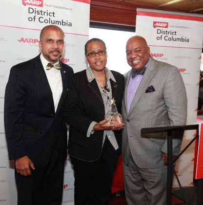 From left: Louis Davis, Jr., AARP DC State Directo;, Jocelyn Daughtry 2015 Andrus Award Honoree and Rev. Joseph Williams, AARP DC State President.