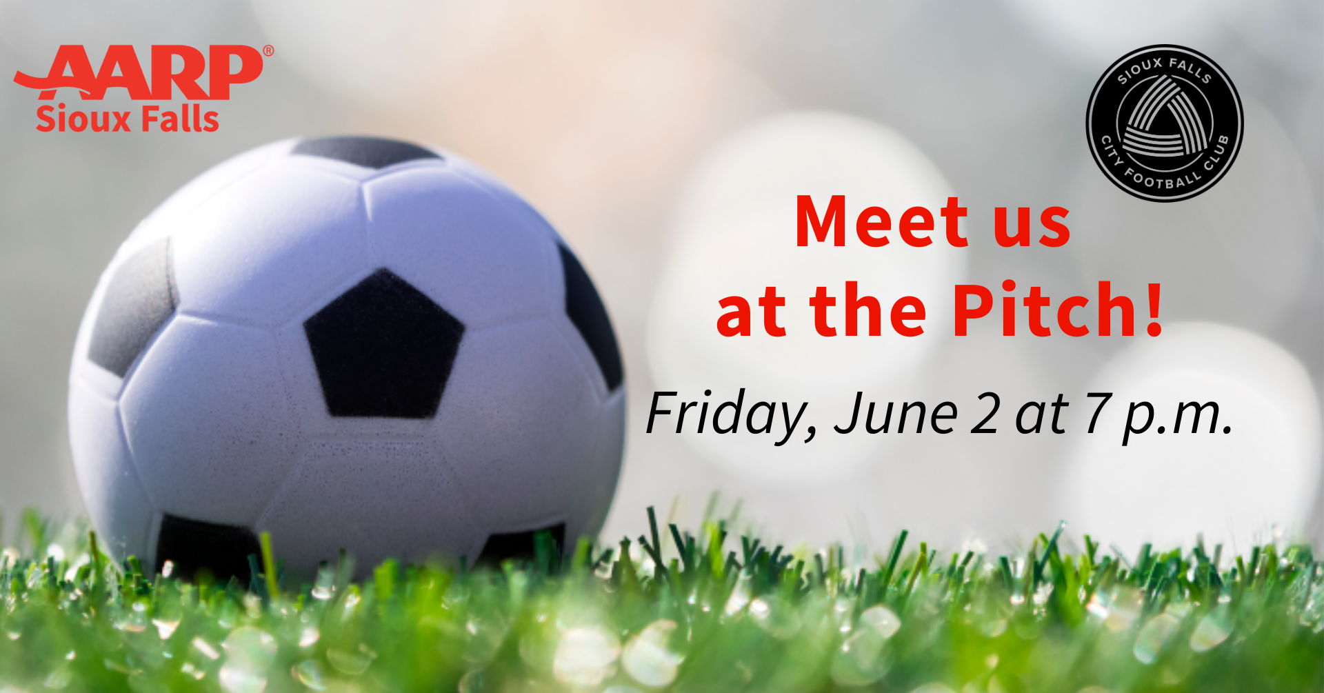 Picture of a soccer ball on grass with the text Join us at the Pitch, Friday, June 2 at 7 p.m.