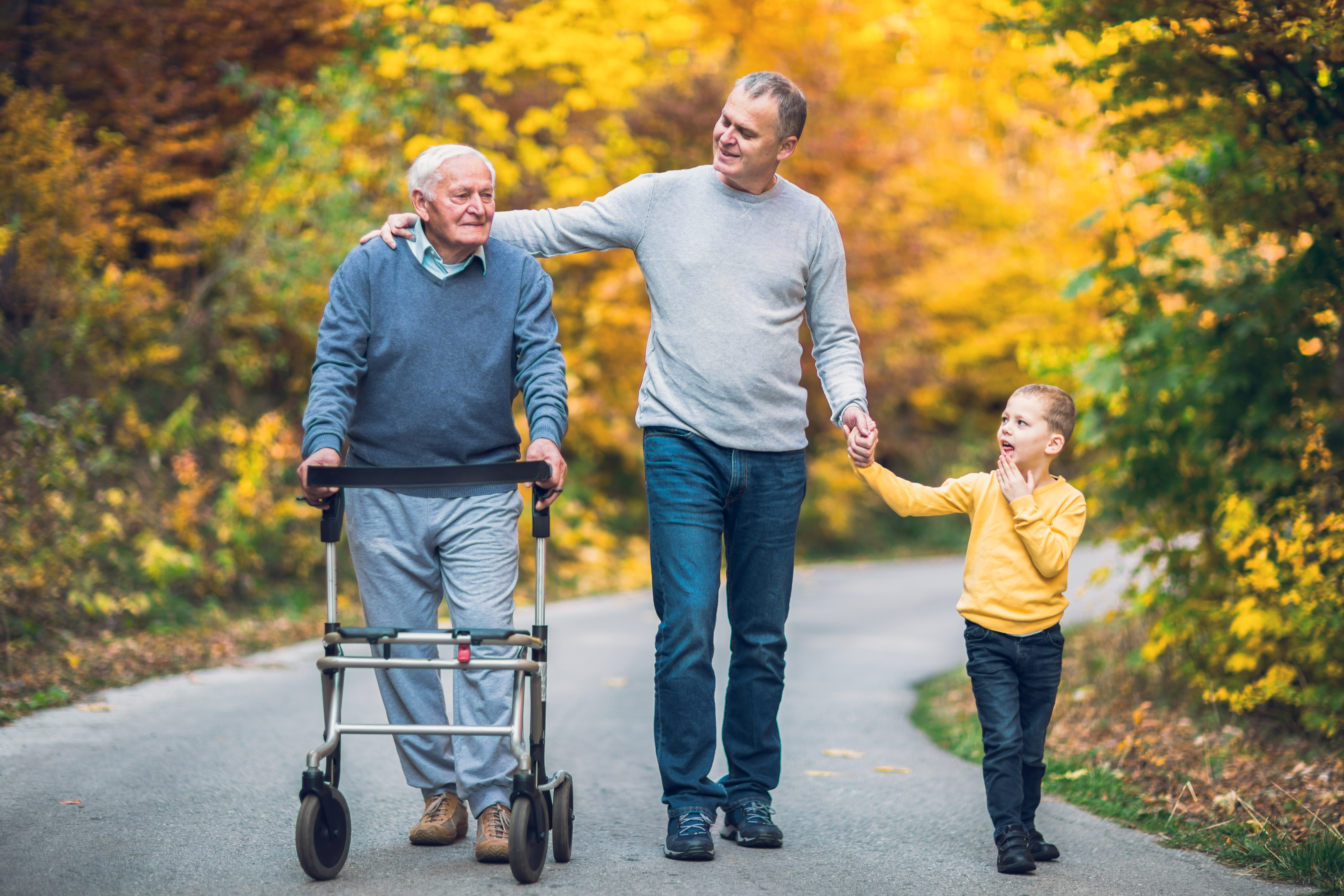 Elderly father adult son and grandson out for a walk in the park