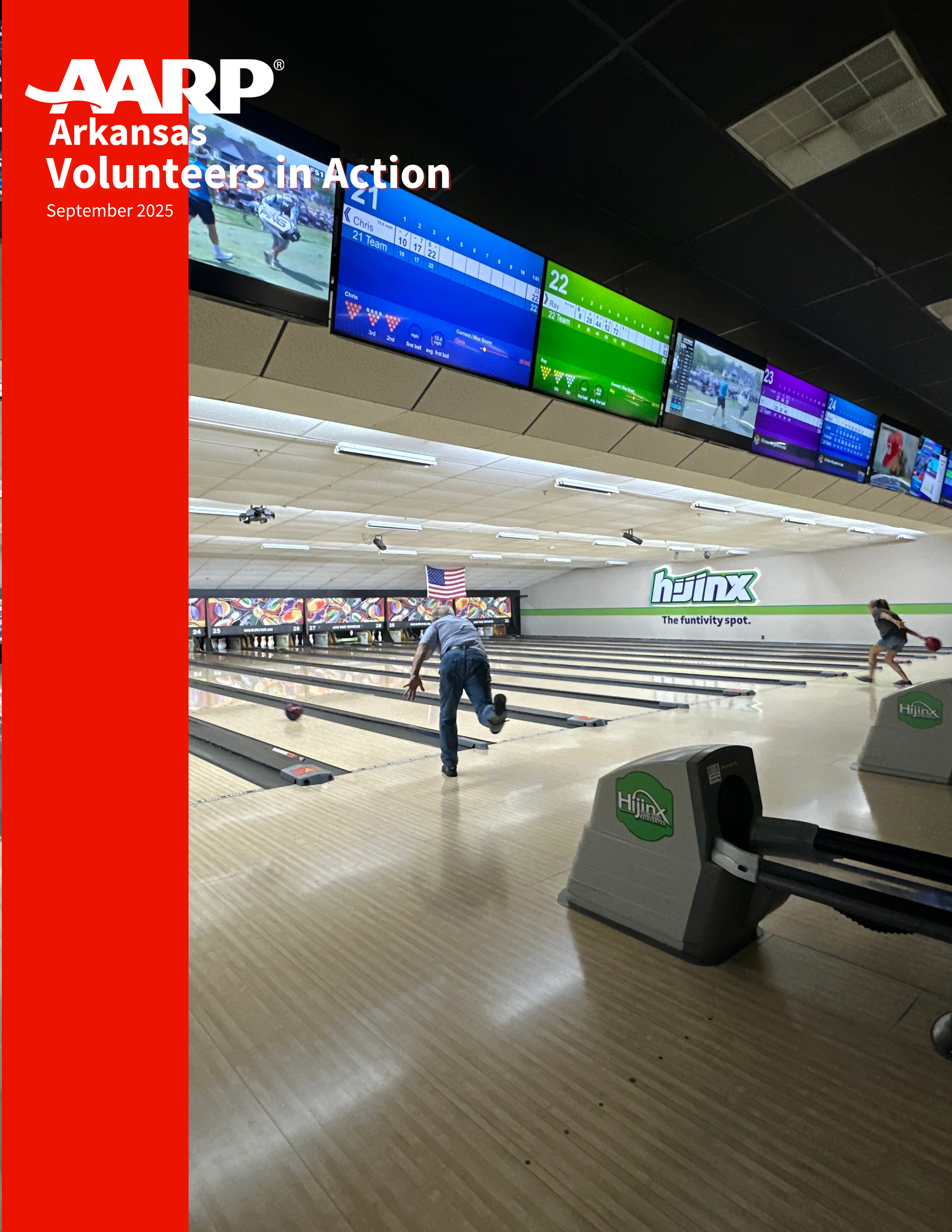 Magazine-like newsletter cover of a man rolling a bowling ball down bowling lanes inside a brightly lit modern bowling alley. 