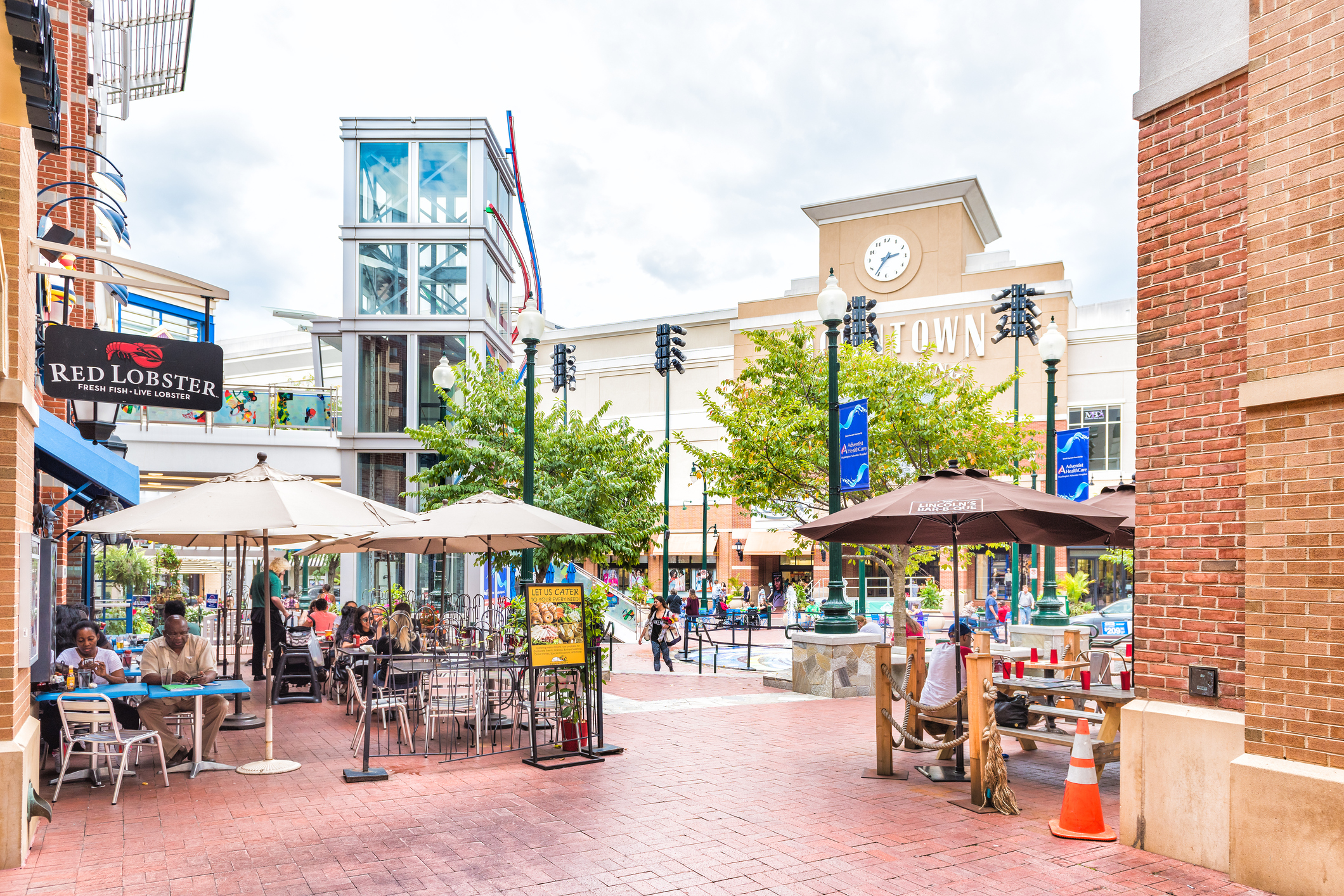 Downtown area of city in Maryland with shopping mall, restaurants and shops