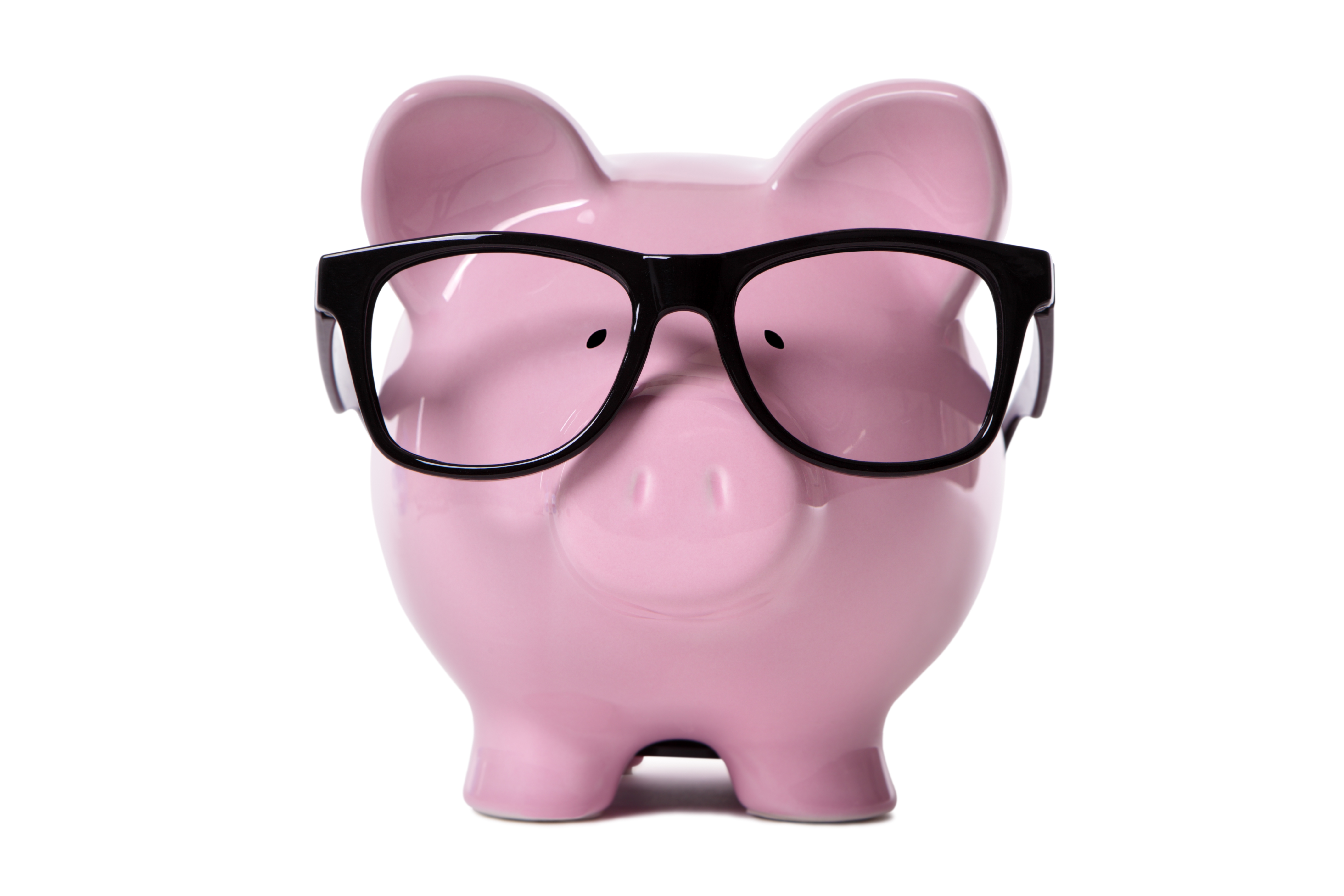 Pink piggy bank wearing glasses