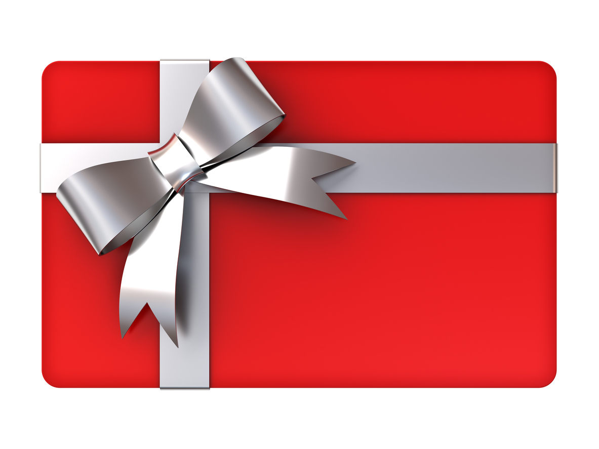 Red gift card with silver ribbons and bow