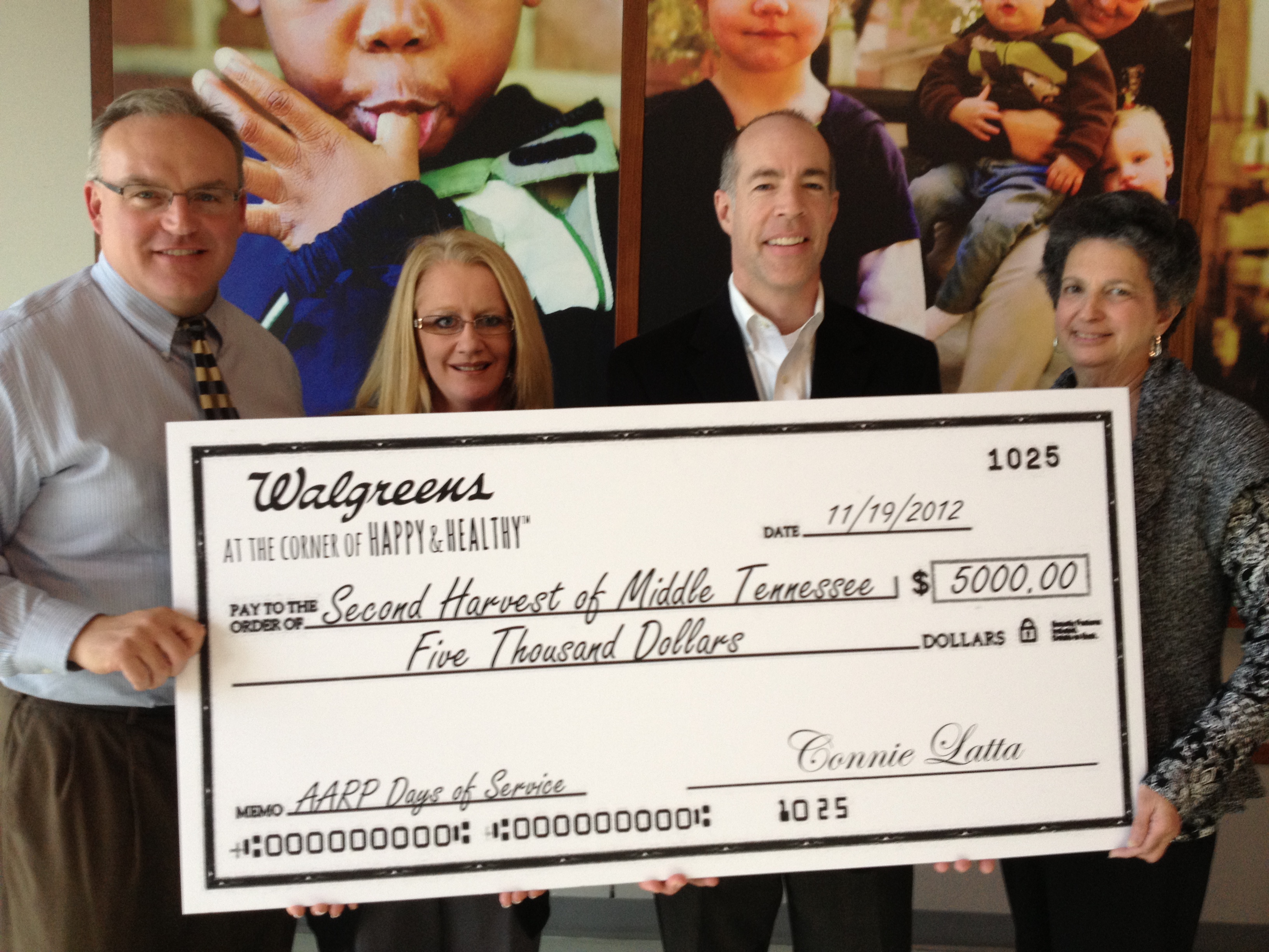 AARP Nashville volunteer leader Bonnie Fertig with Walgreens executives at Second Harvest Food Bank of Middle Tennessee