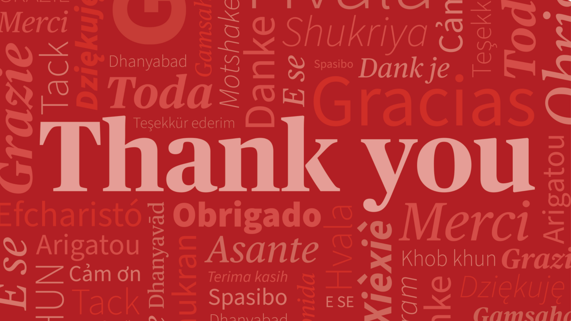 Volunteer Appreciation Month banner - thank you in English over thank you in many other languages. 