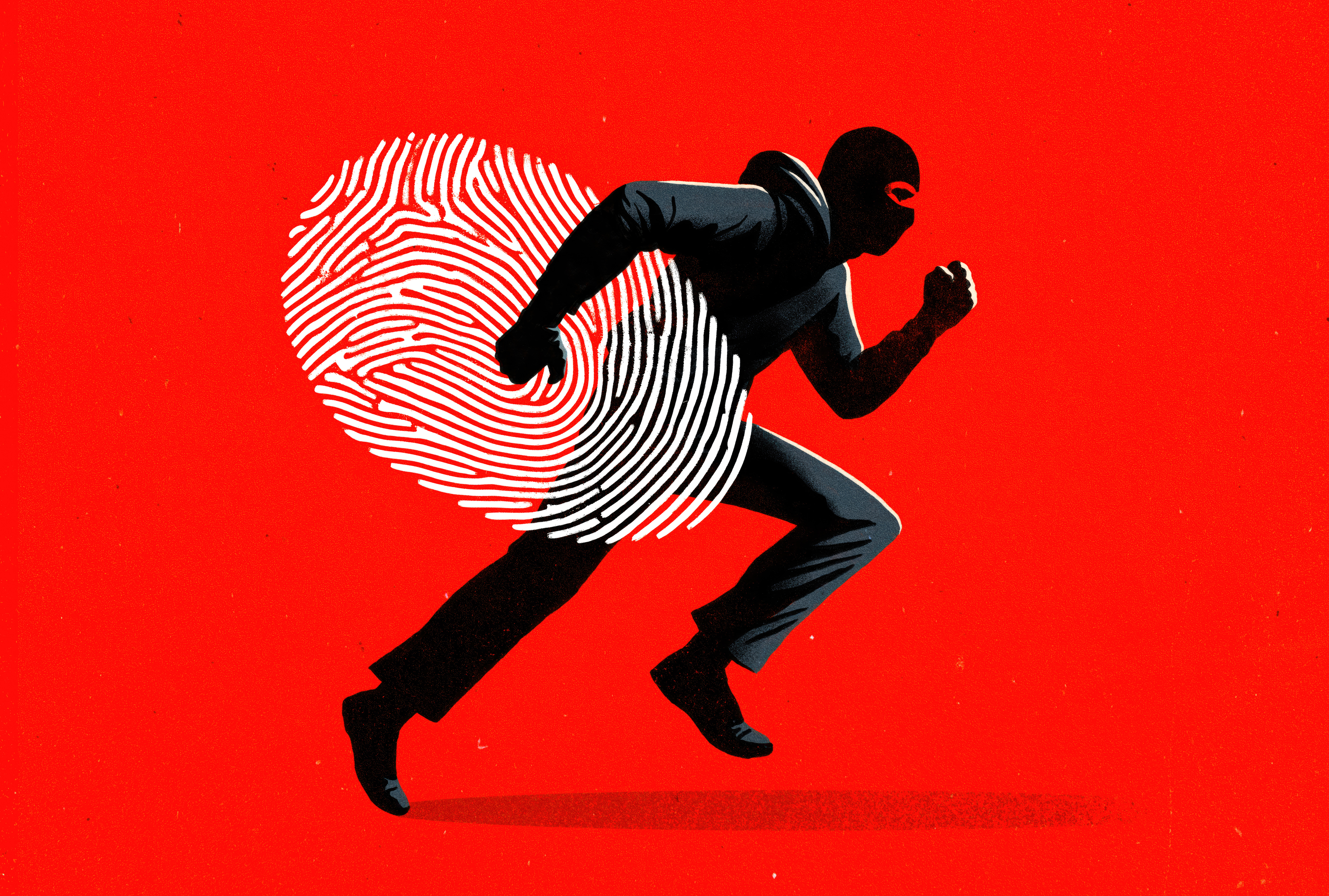 Illustration about identity theft with a thief running while carrying a fingerprint