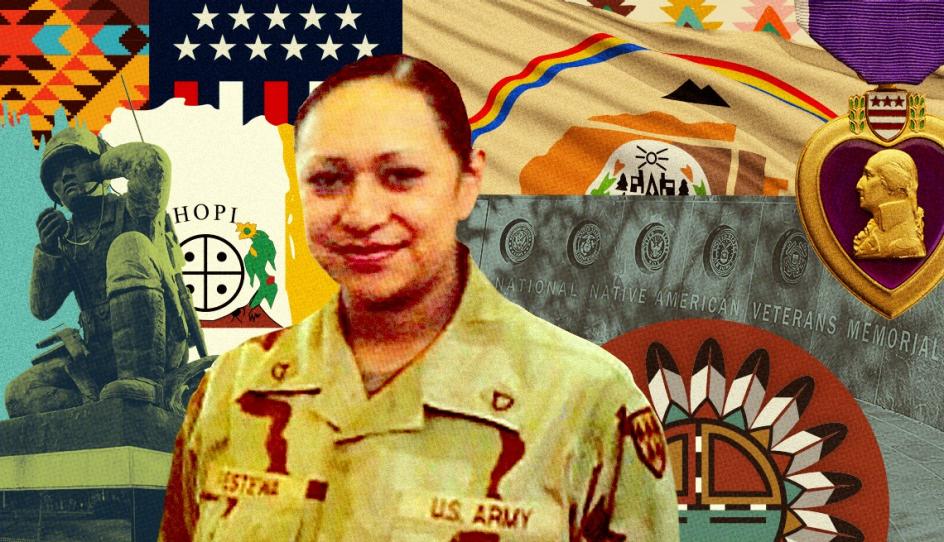 collage of Native American and Alaska Native symbols with photo of military veteran
