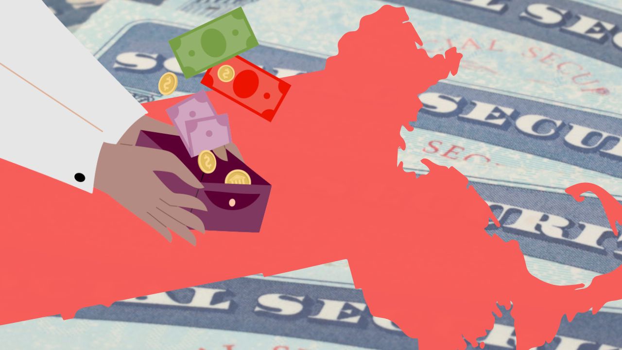 An outline of Massachusetts over Social Security cards with an illustration of hands opening a wallet with cash and coins flowing inwards