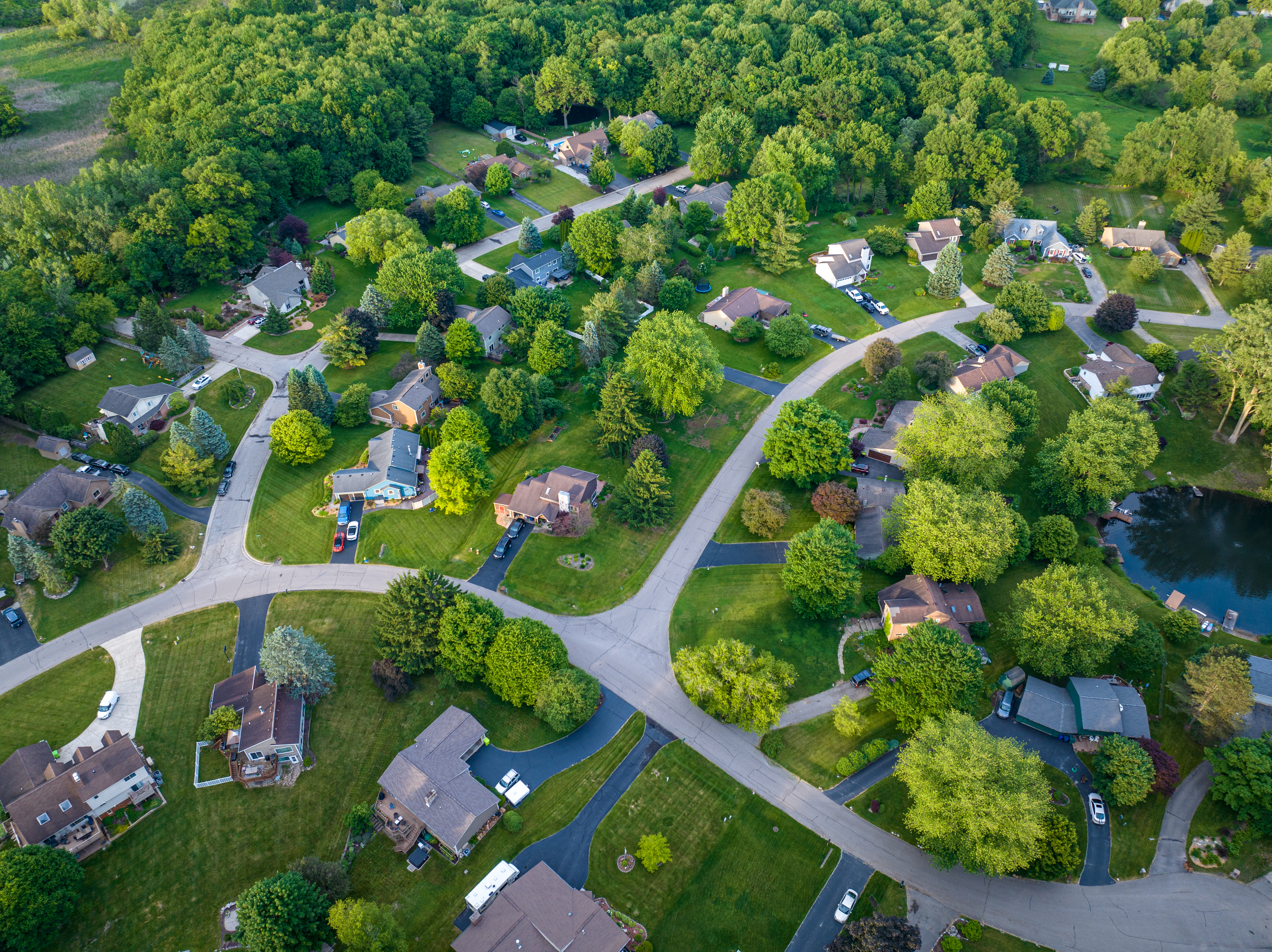 Aerial view of suburban neighborhood in Michigan