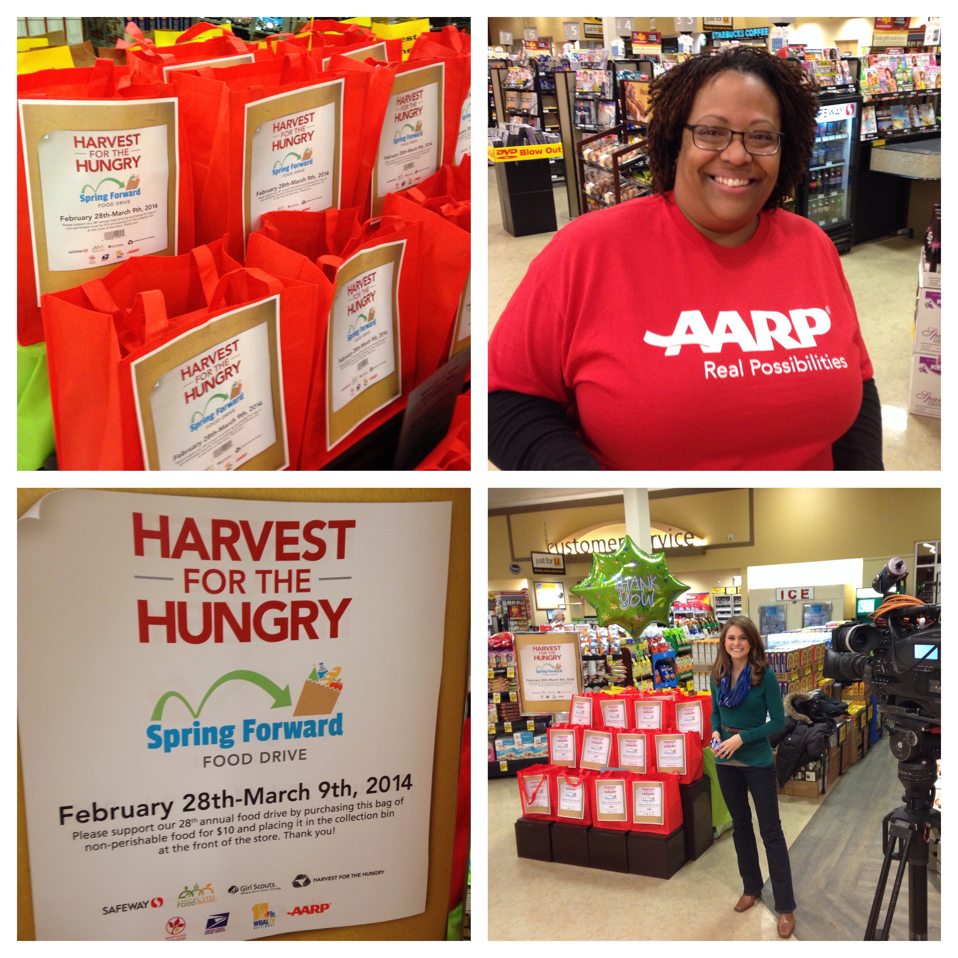 Collage of AARP food drive bags, AARP staff and WBAL's Ava Marie.