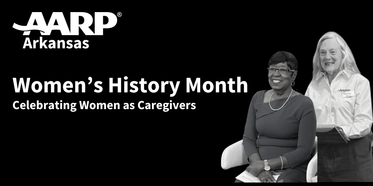 Two women in a black and white photo against a black background and the words Women's History Month Celebrating Women as Caregivers. 