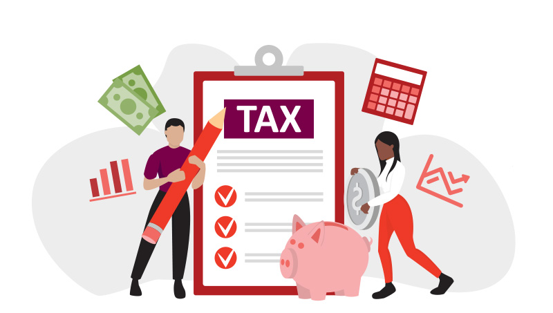 Vector of people filling tax return documents 