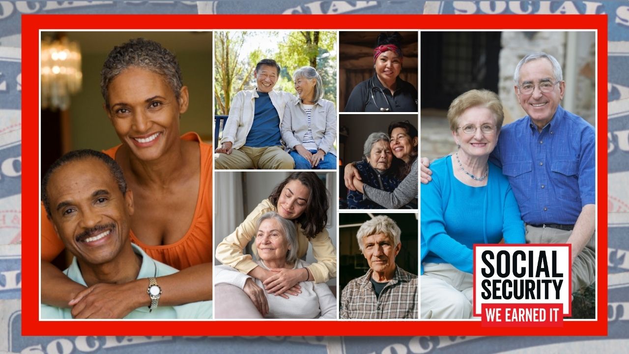 Various people in boxes over a Social Security Card Background