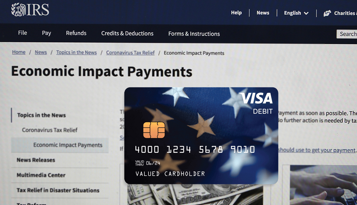 sample look at a stimulus payment debit card with a screen of th
