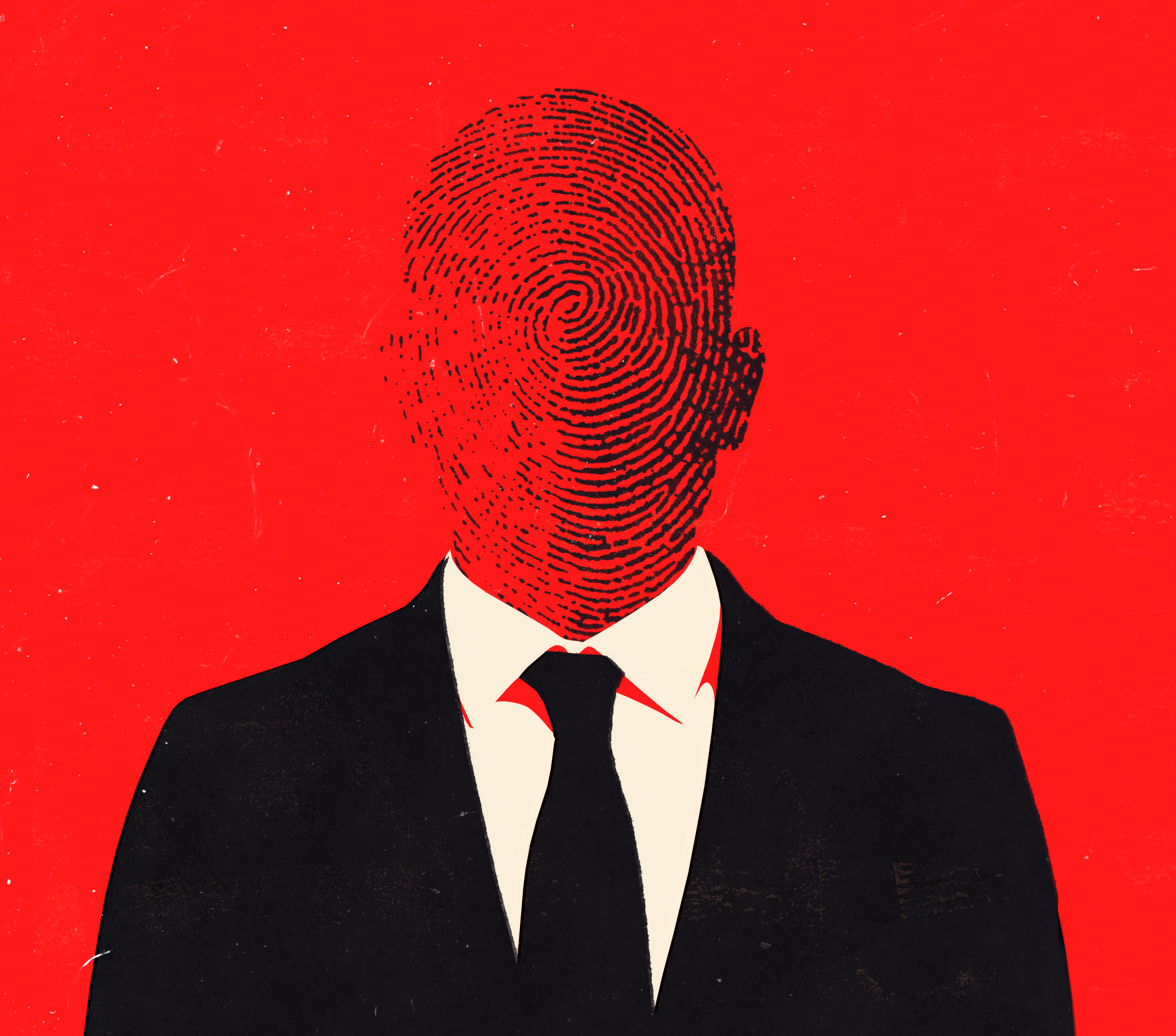 Illustration of a businessman in a suit with a fingerprint for a head