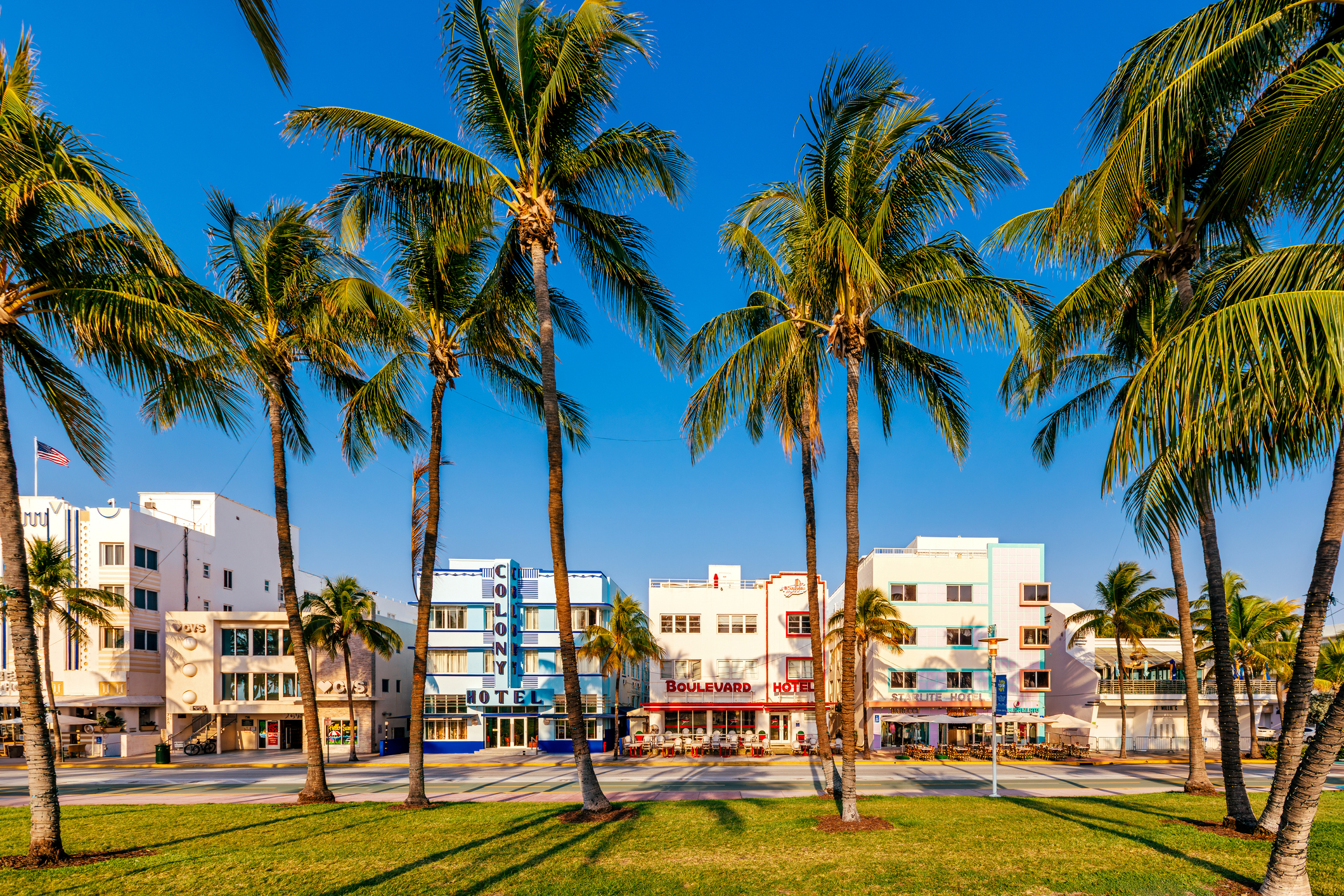 Multi-coloured vibrant art deco hotels along the Ocean Drive on a sunny day, Miami Beach, Florida, USA