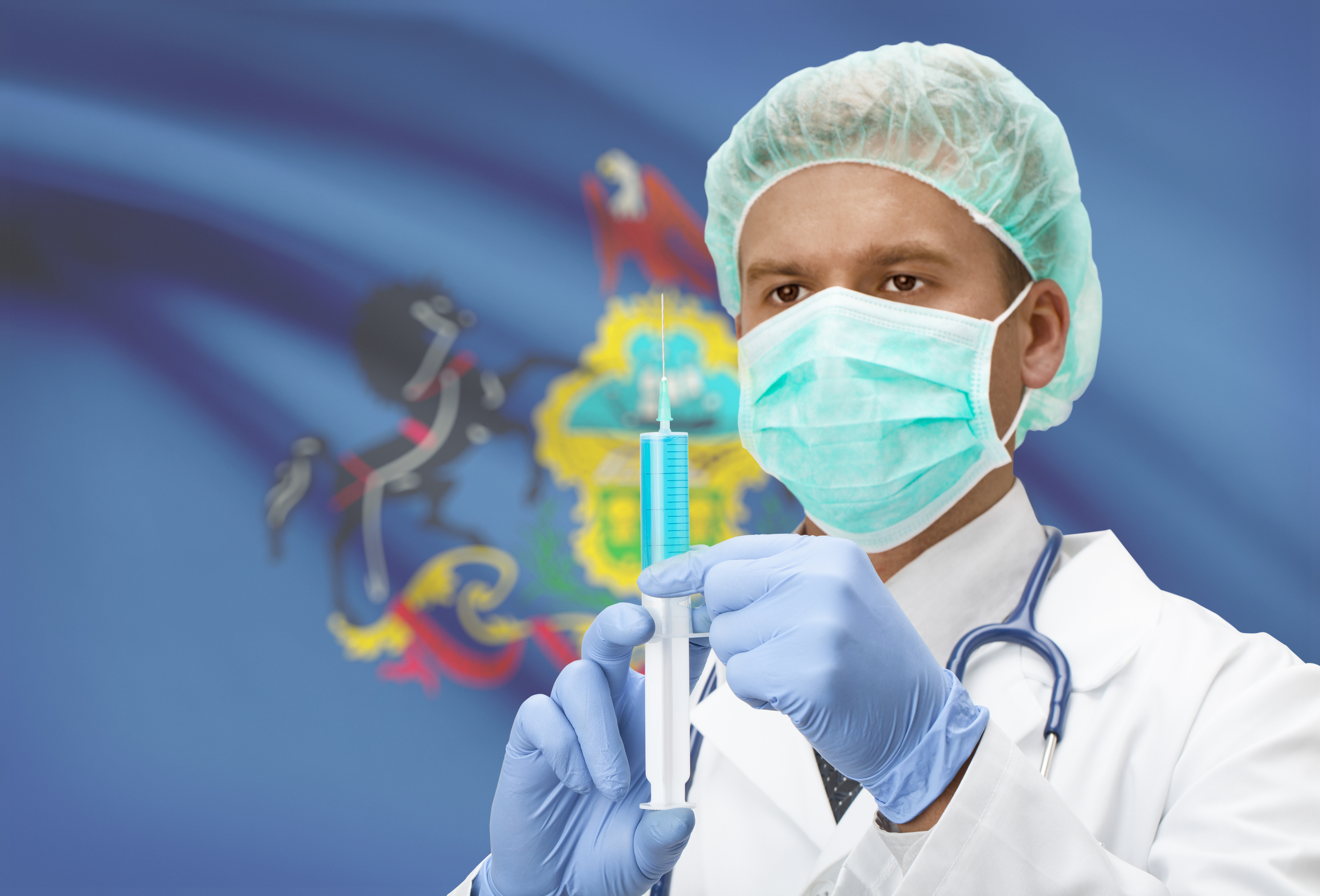 Doctor with syringe in hands and US states flags on background series - Pennsylvania