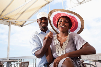 Couple having fun on beach terrace